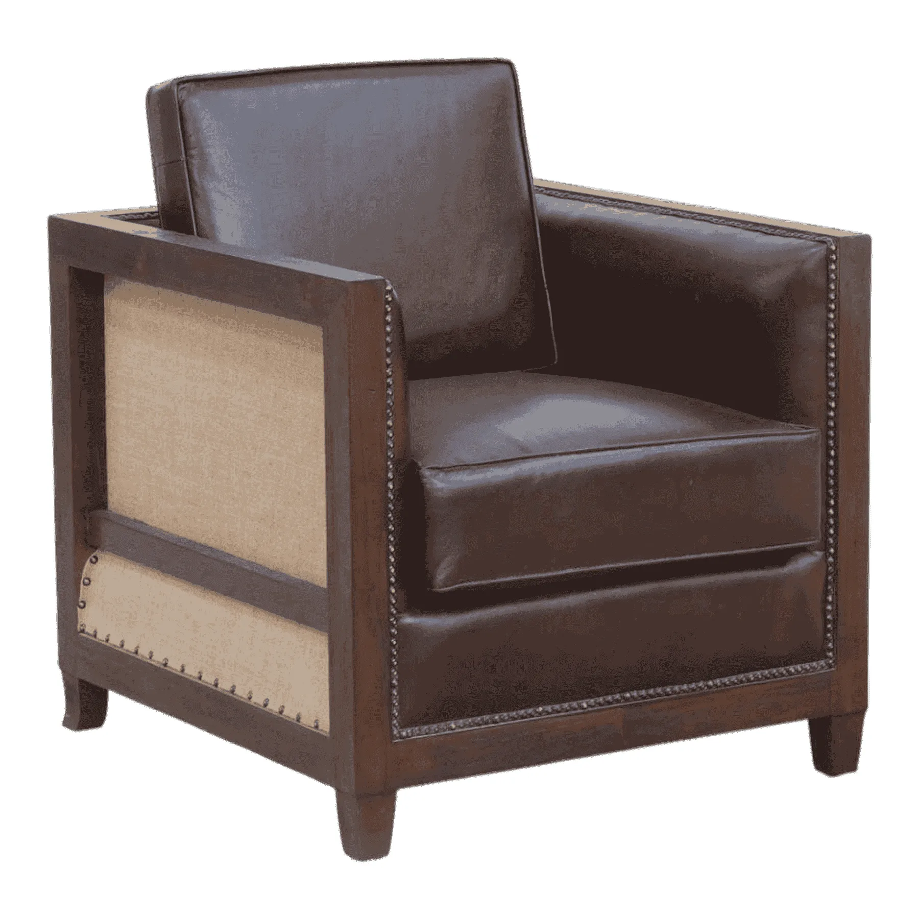 Dark brown leather armchair with wooden frame