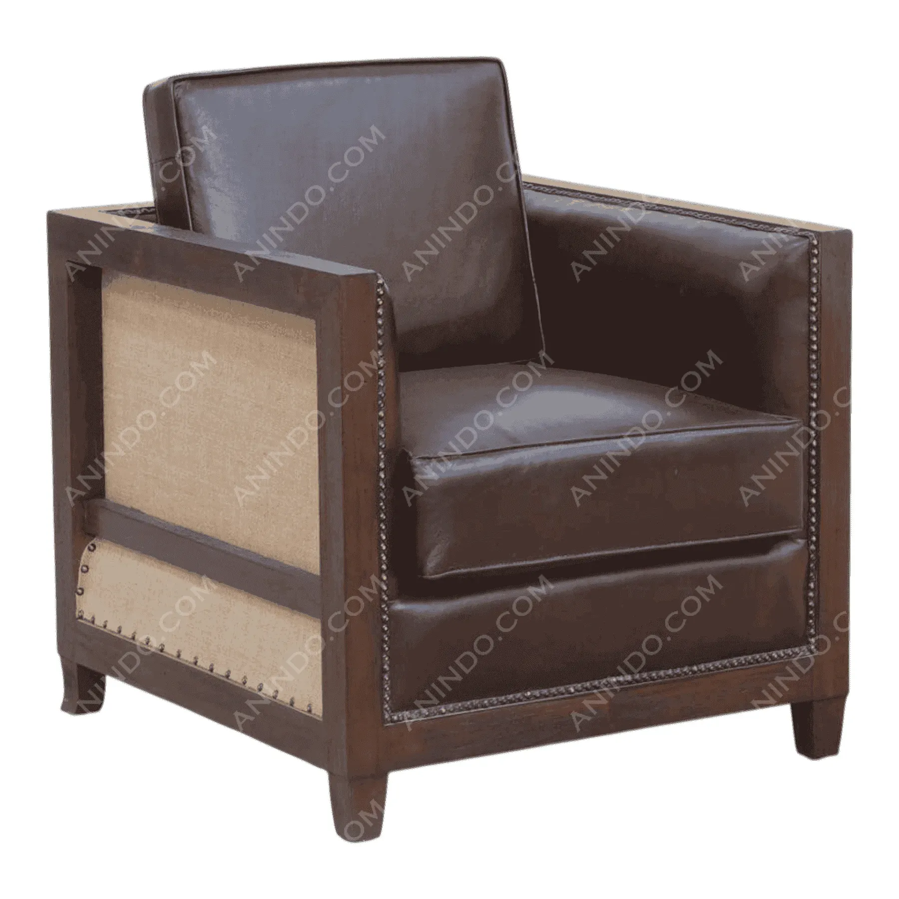 Dark brown leather armchair with wooden frame