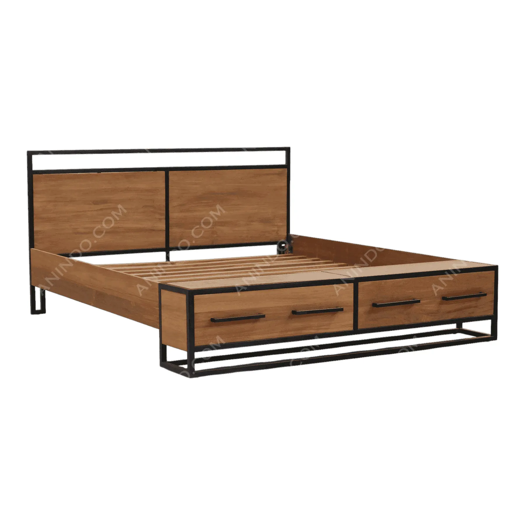 Wood and metal bed frame with storage drawers