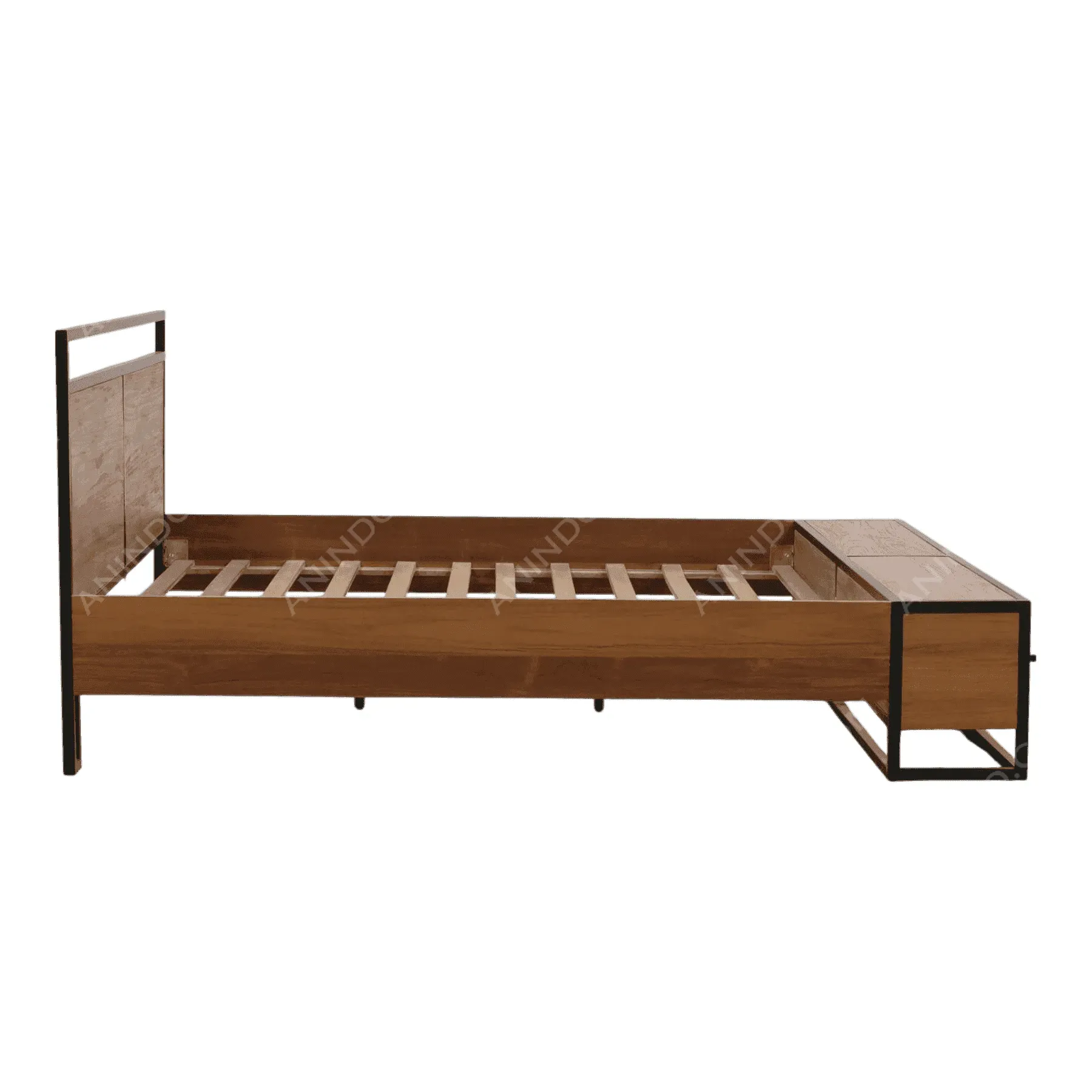 Modern wooden bed frame with metal accents