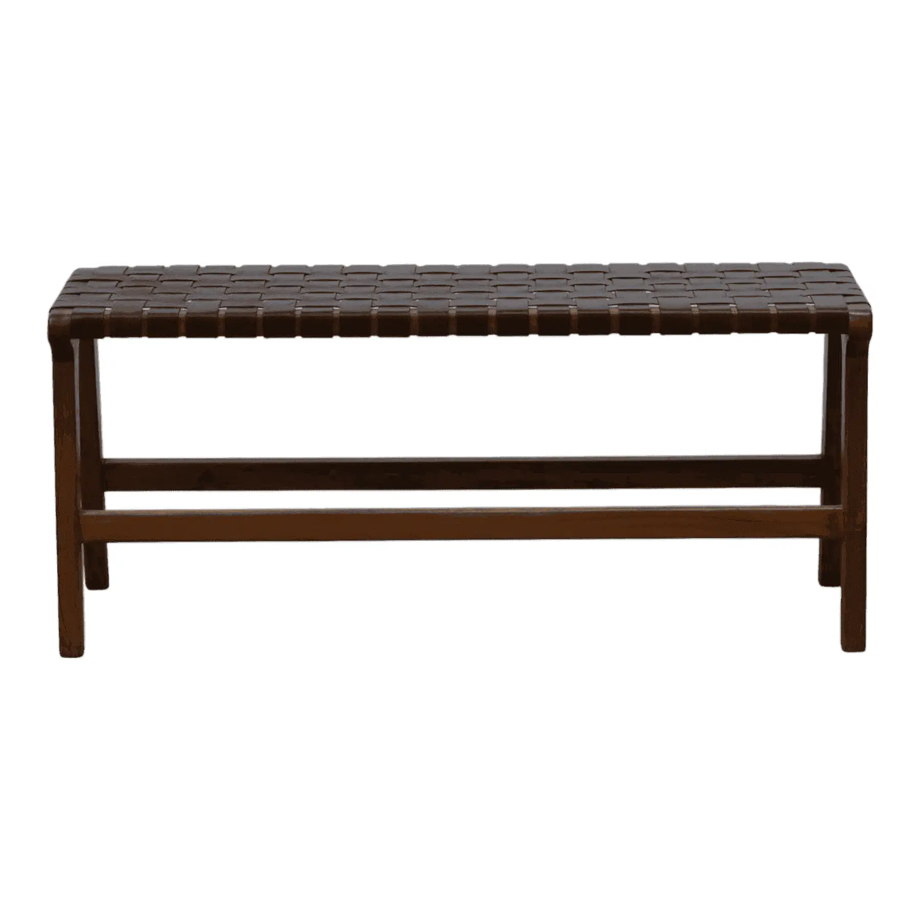 Wooden bench with woven leather seat