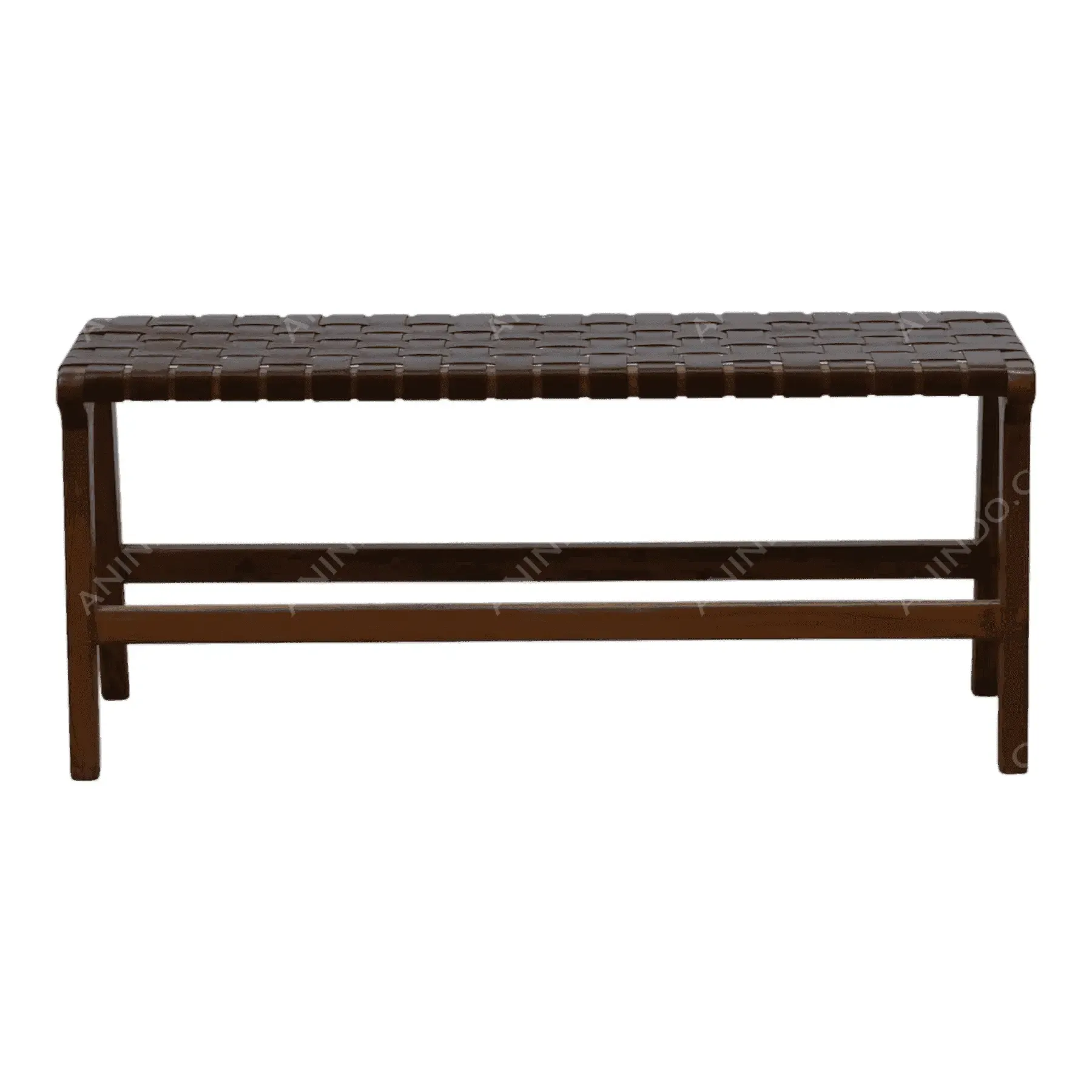 Wooden bench with woven leather seat