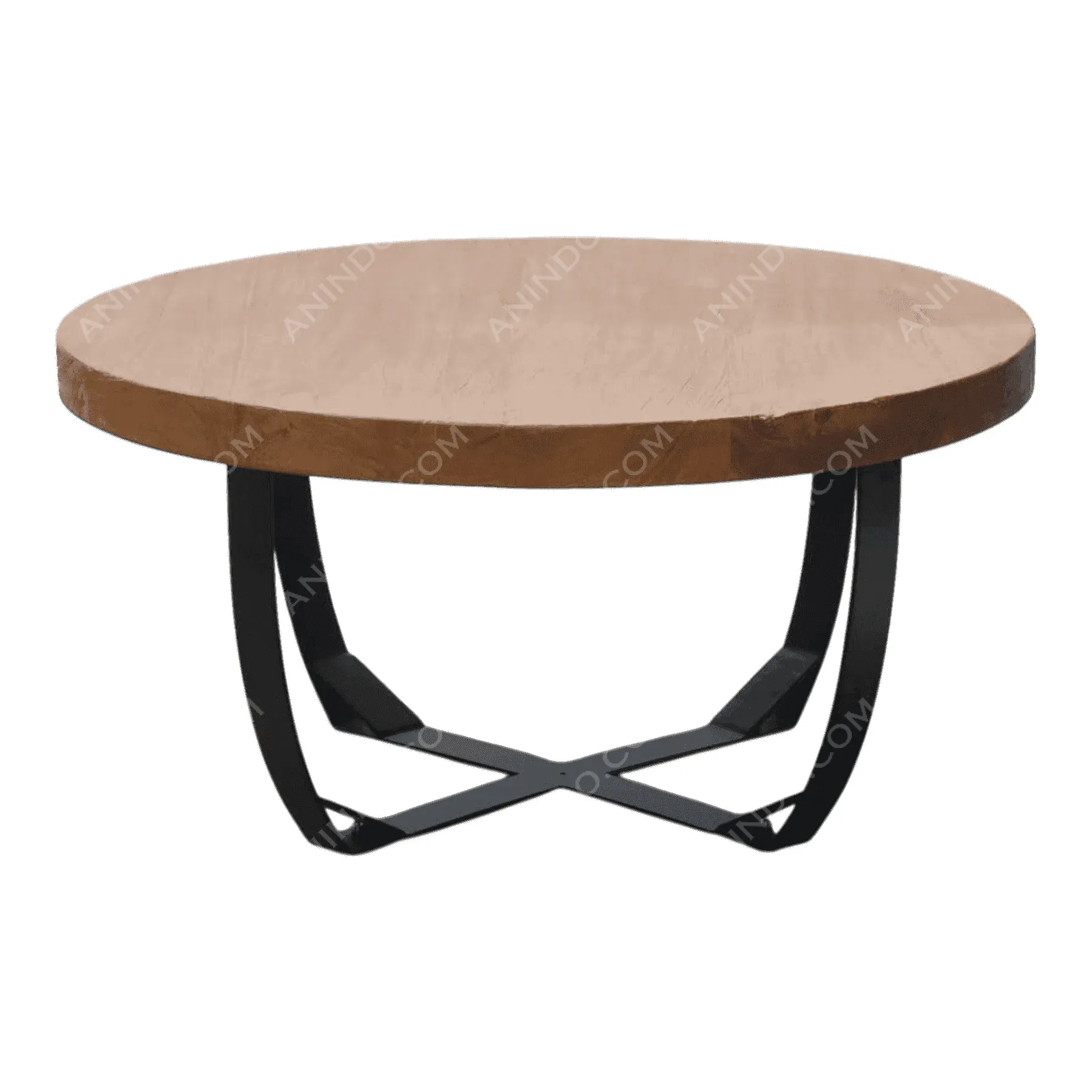 Round wooden coffee table with metal base
