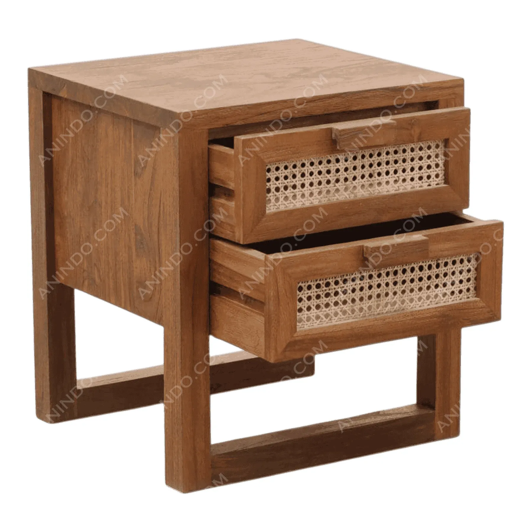 Wooden nightstand with two woven drawers
