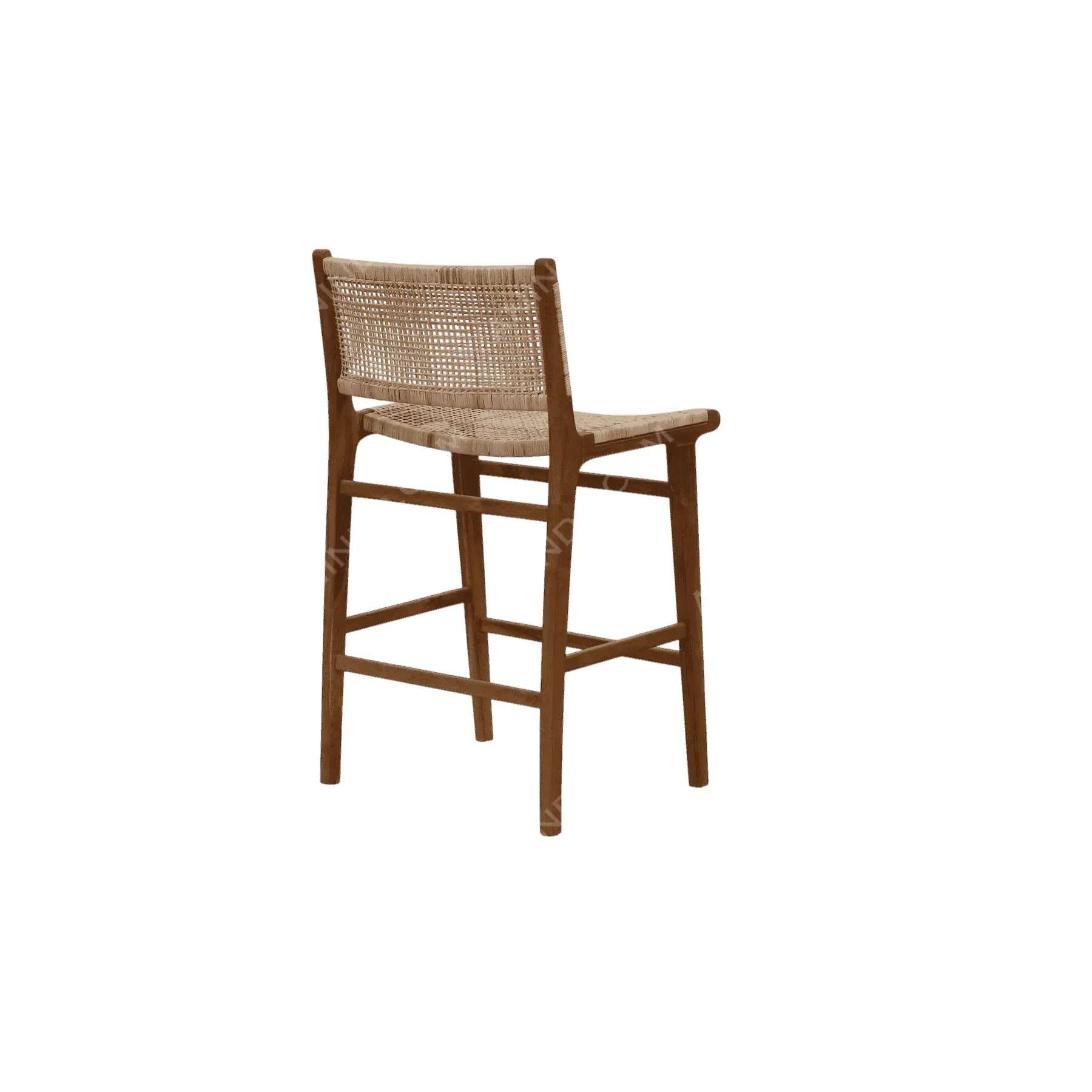 Wooden bar stool with woven rattan backrest