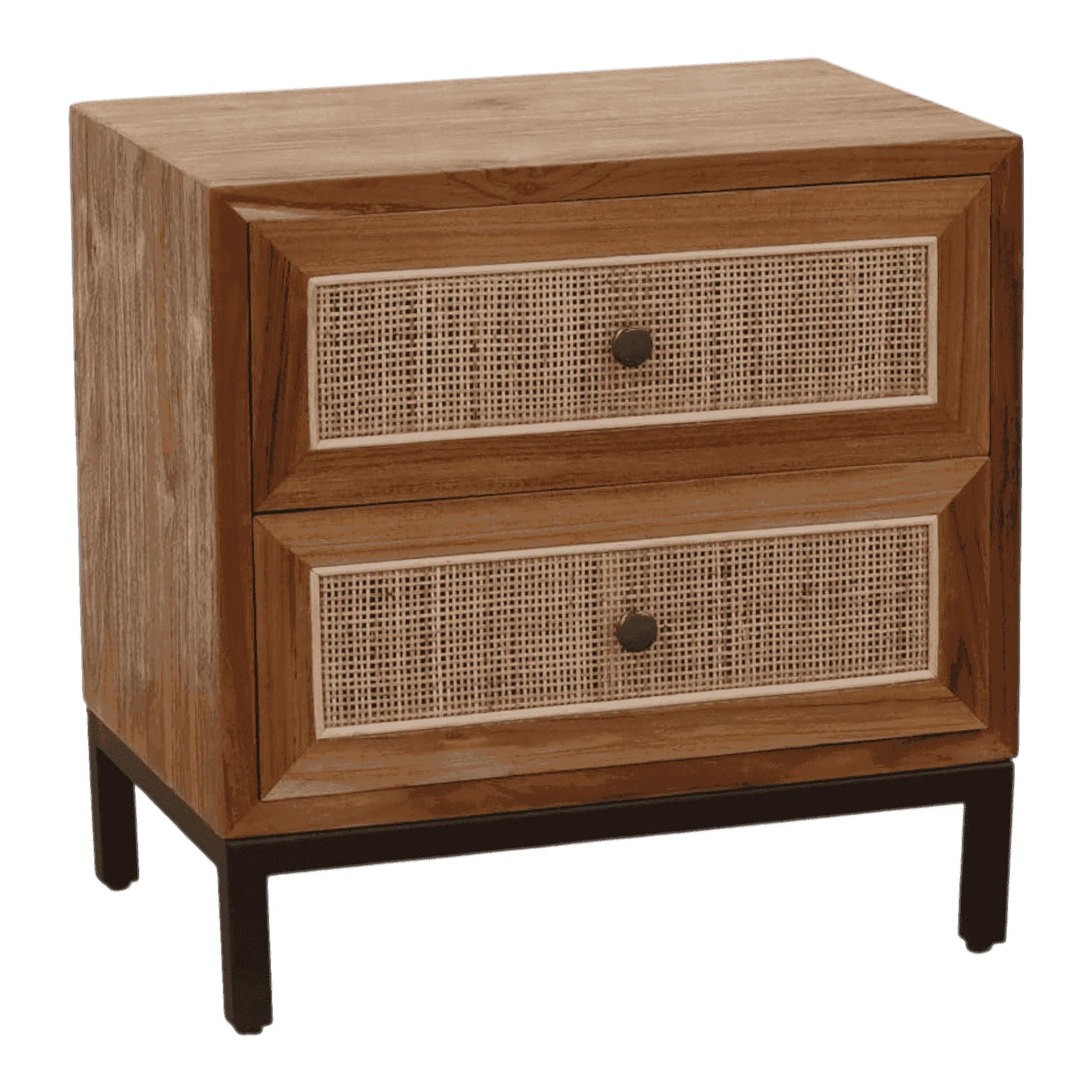 Wooden nightstand with two drawers and metal legs