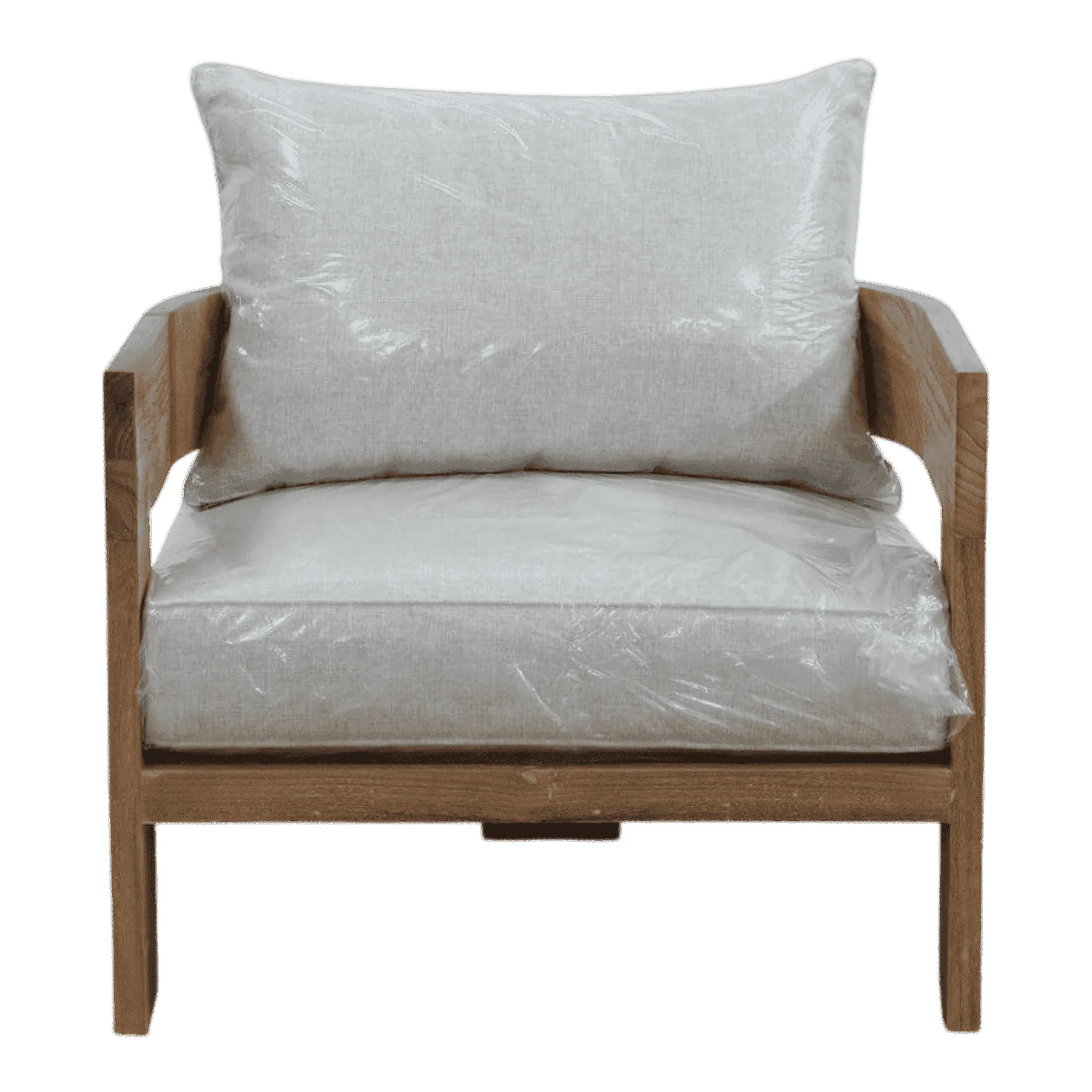 Wooden armchair with light beige cushions
