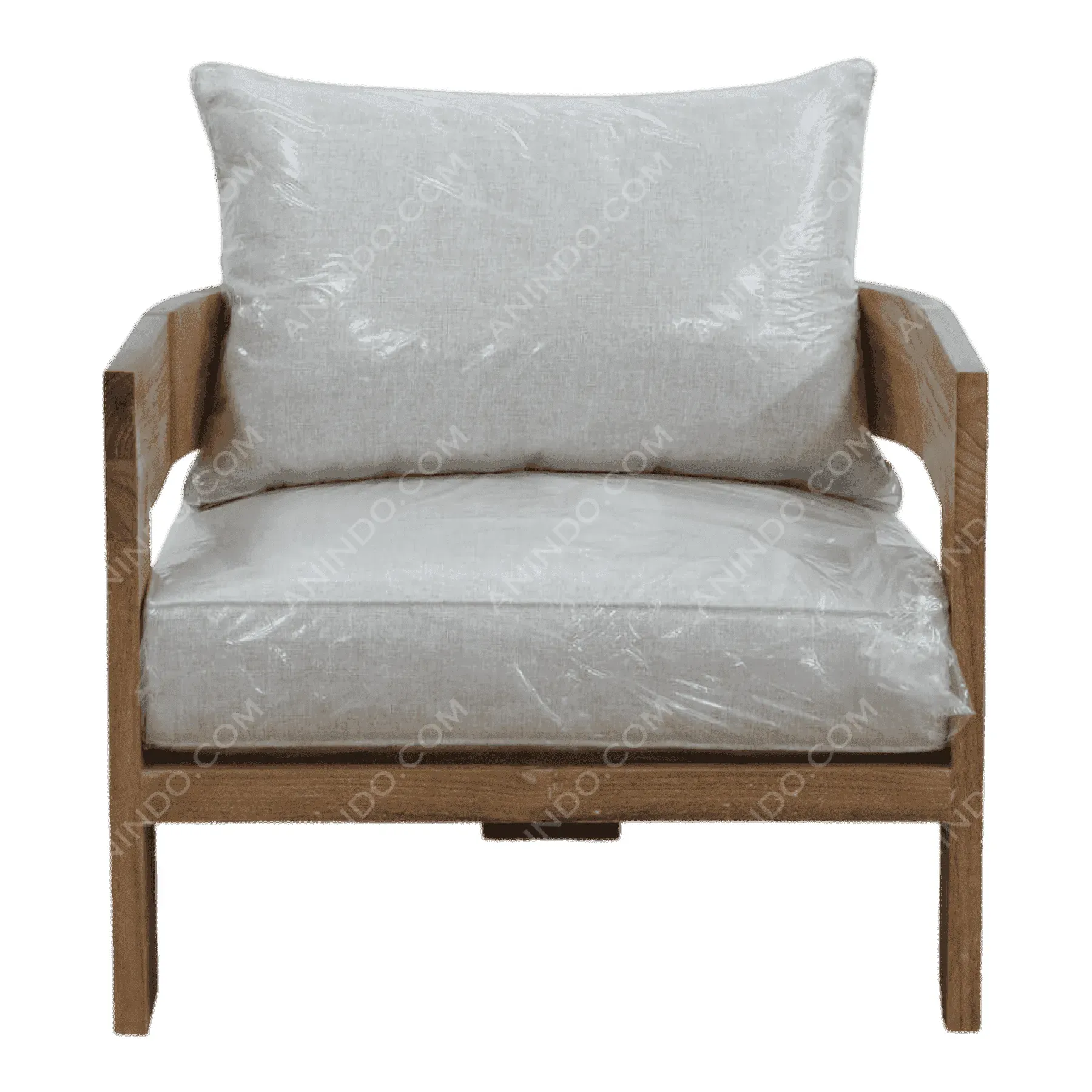 Wooden armchair with light beige cushions