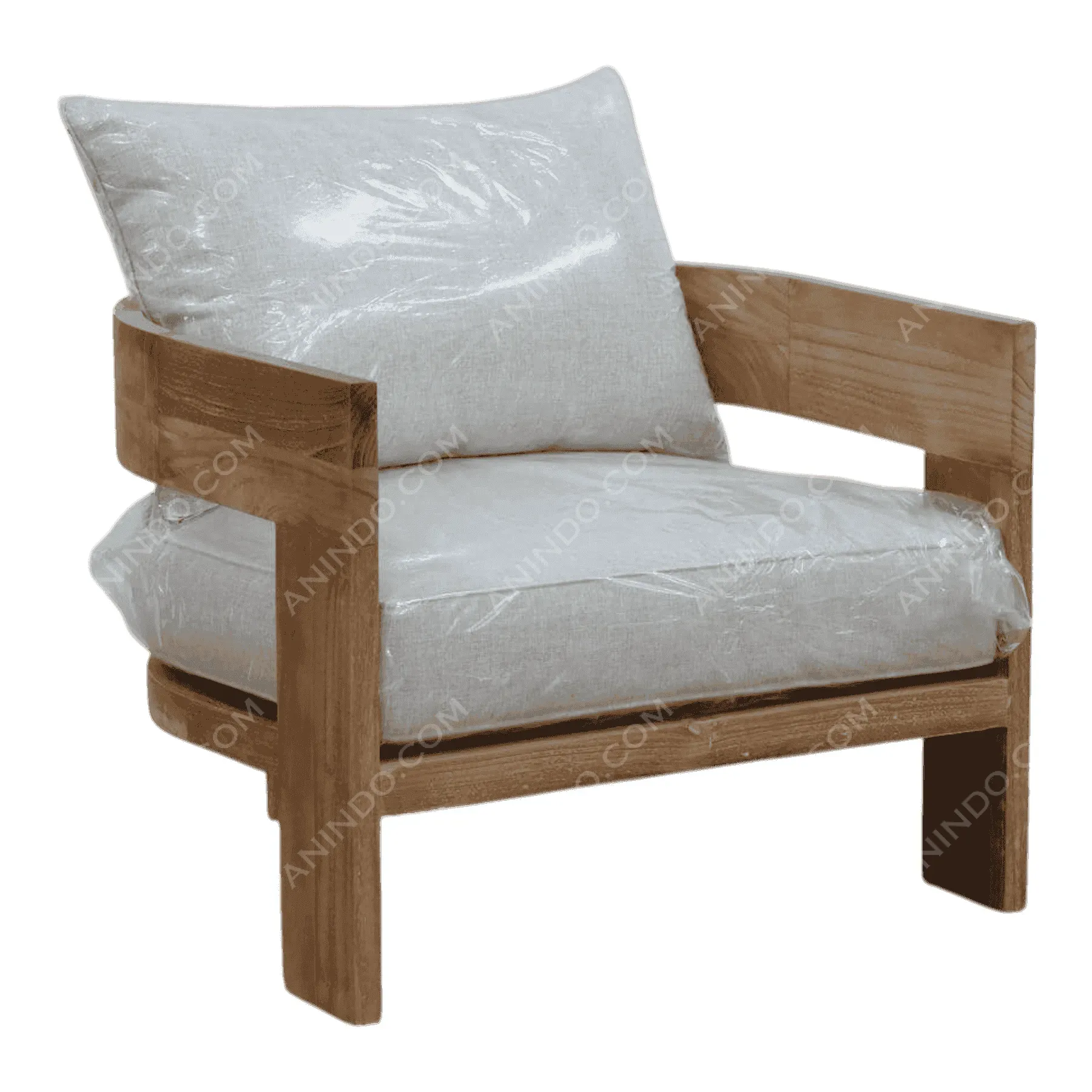 Modern wooden armchair with white cushions