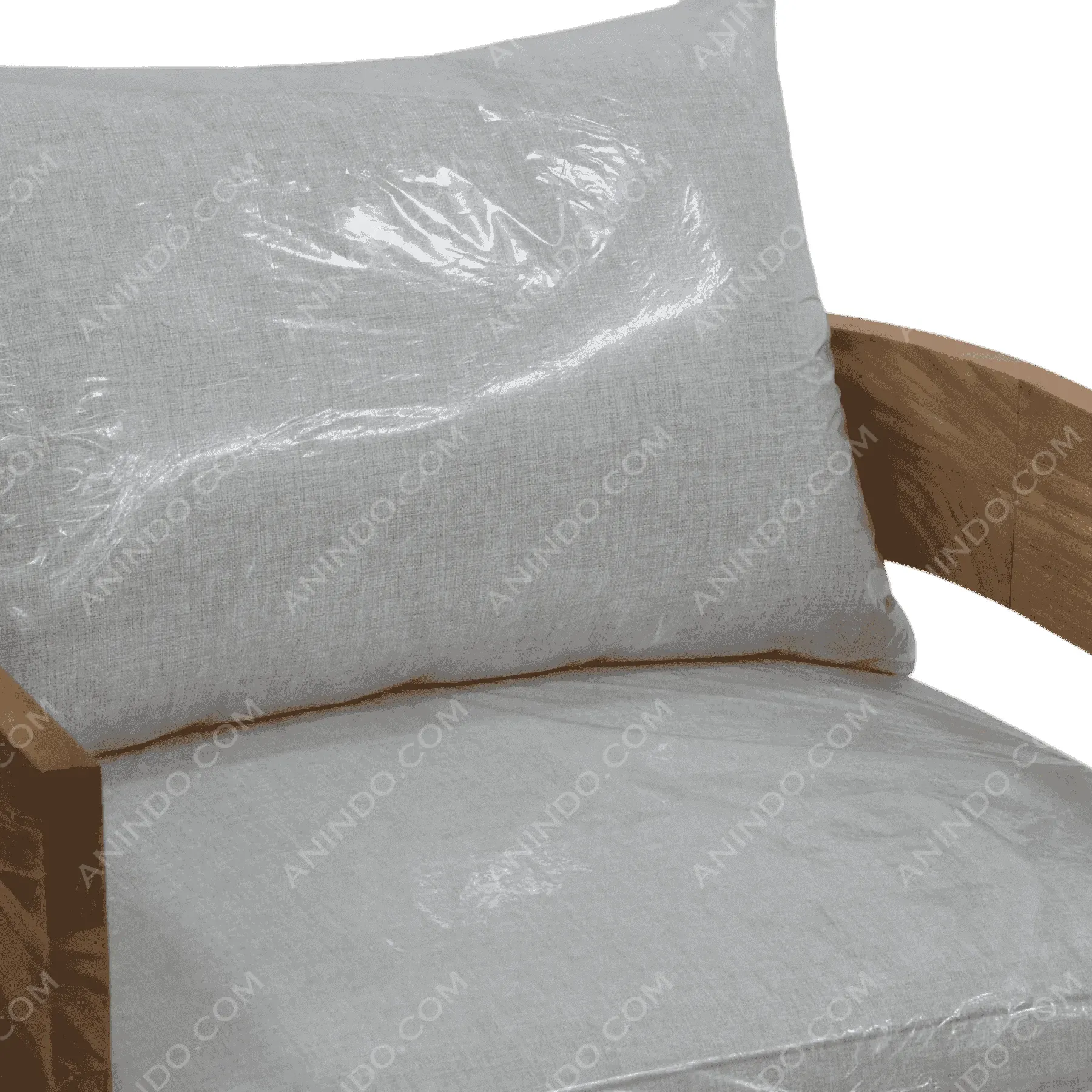 Light gray cushioned chair with wooden armrests