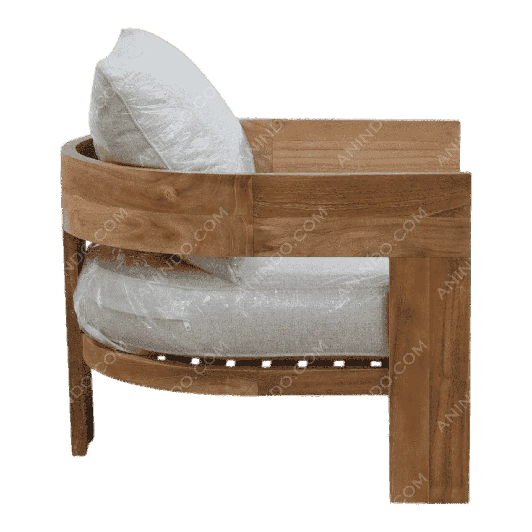 Modern wooden armchair with beige cushions