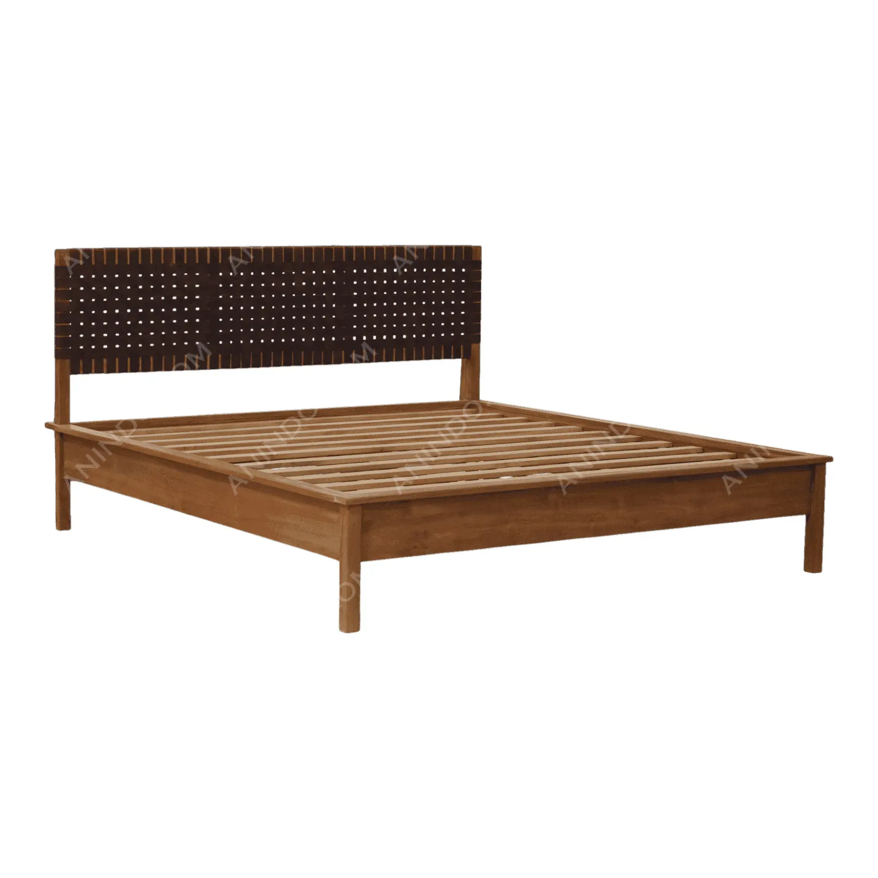 Wooden bed frame with slatted headboard