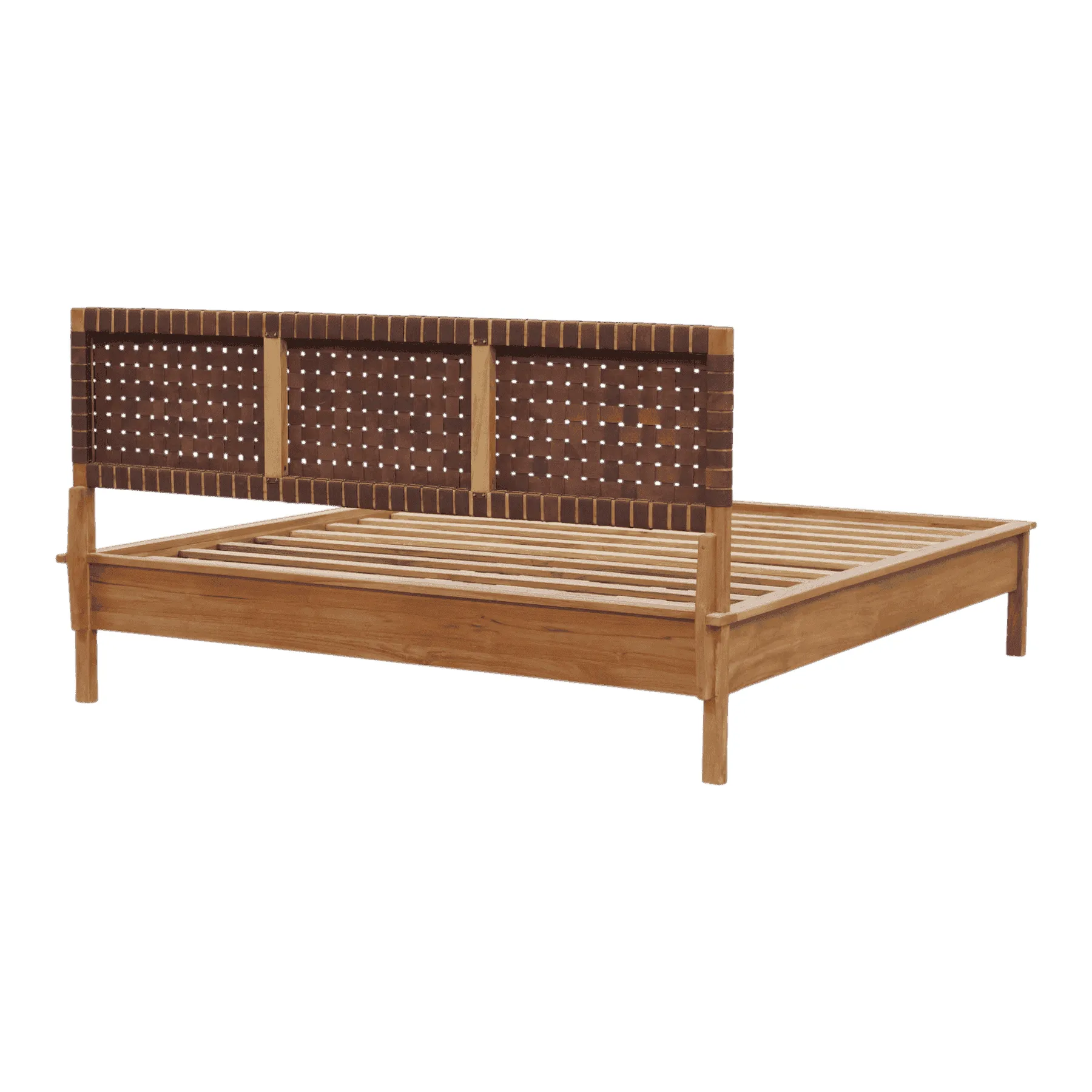 Wooden bed frame with woven headboard design