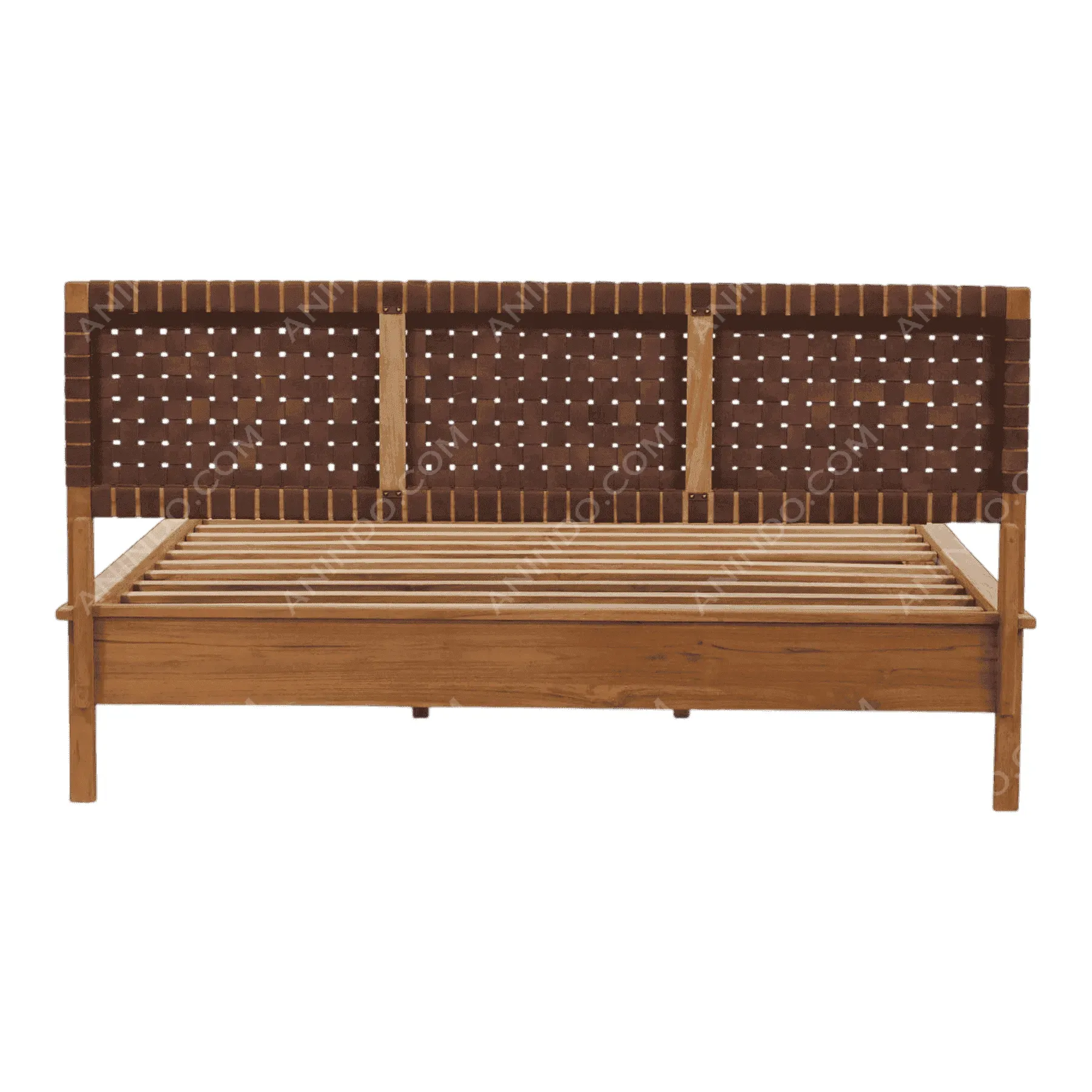 Wooden bed frame with woven headboard