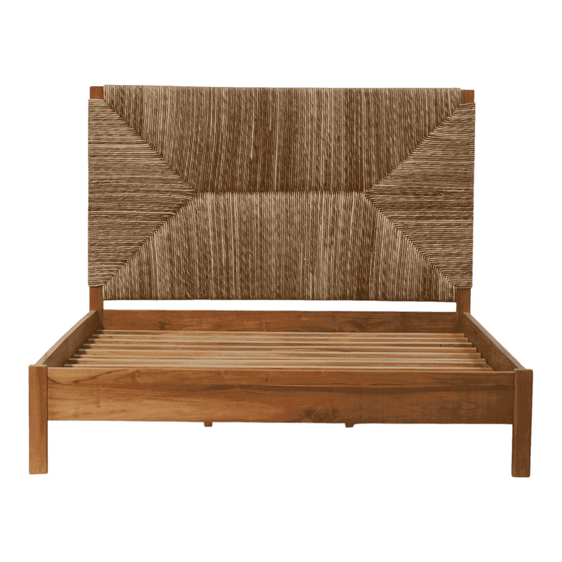 Wooden bed frame with woven headboard design