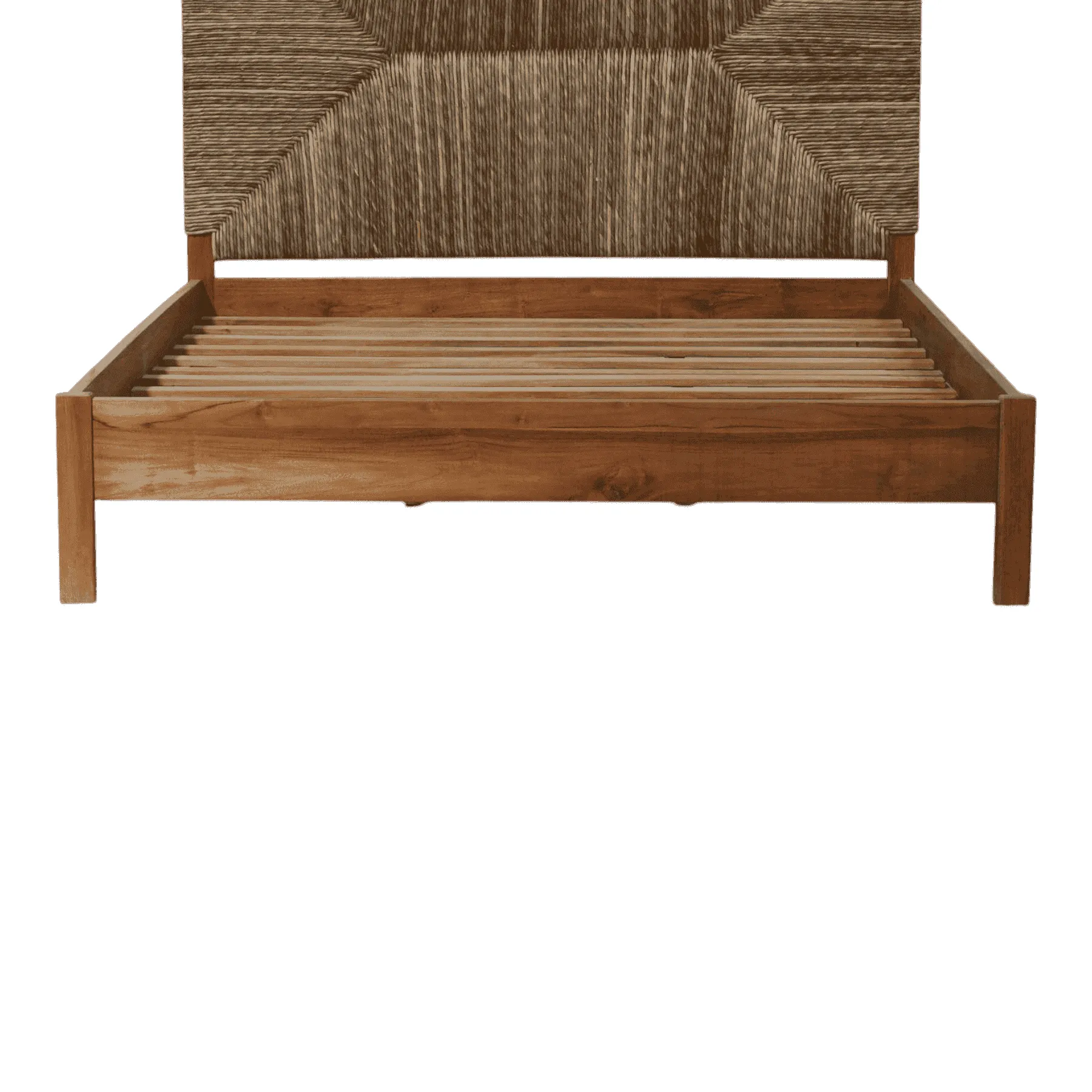 Wooden bed frame with woven headboard design