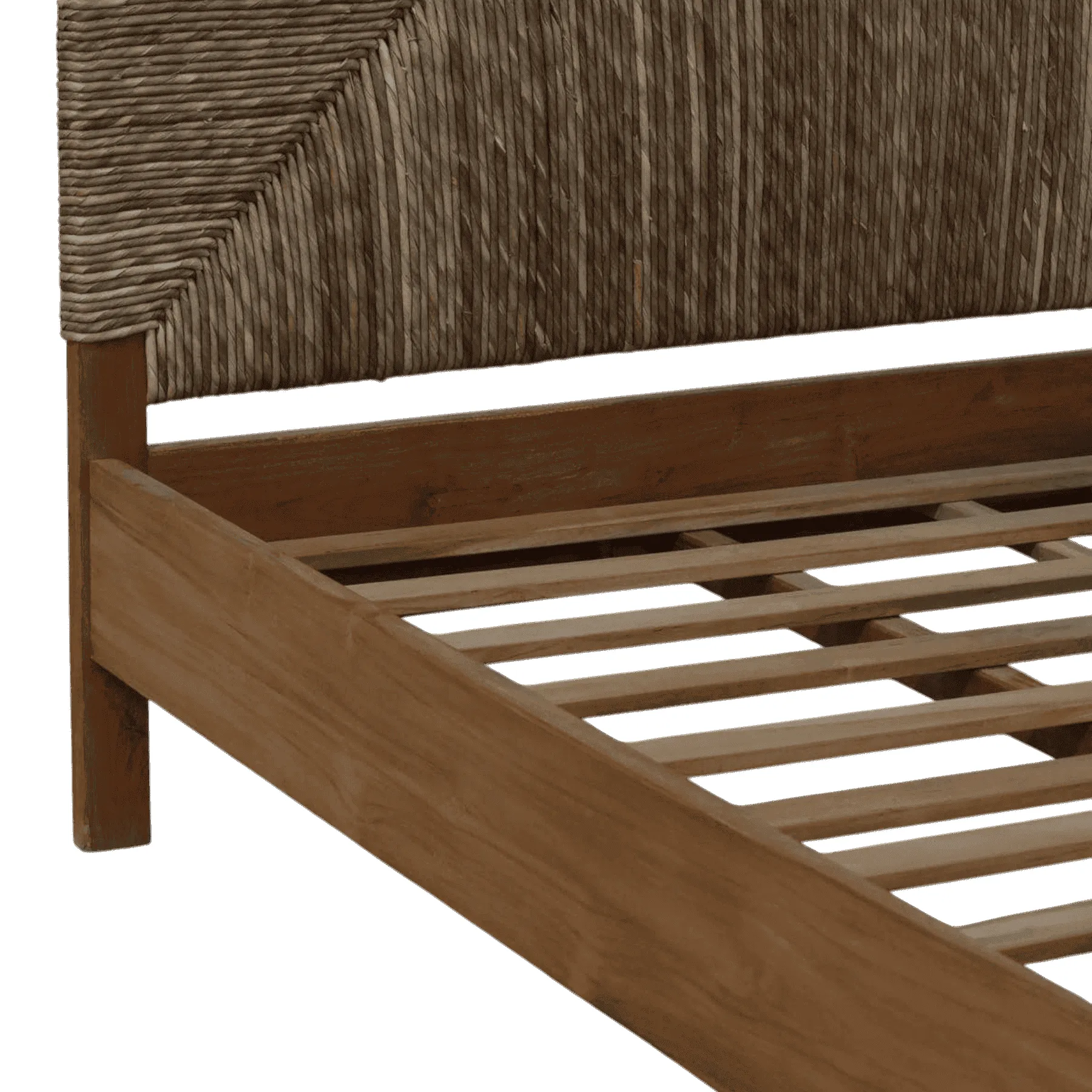 Wooden bed frame with woven headboard design