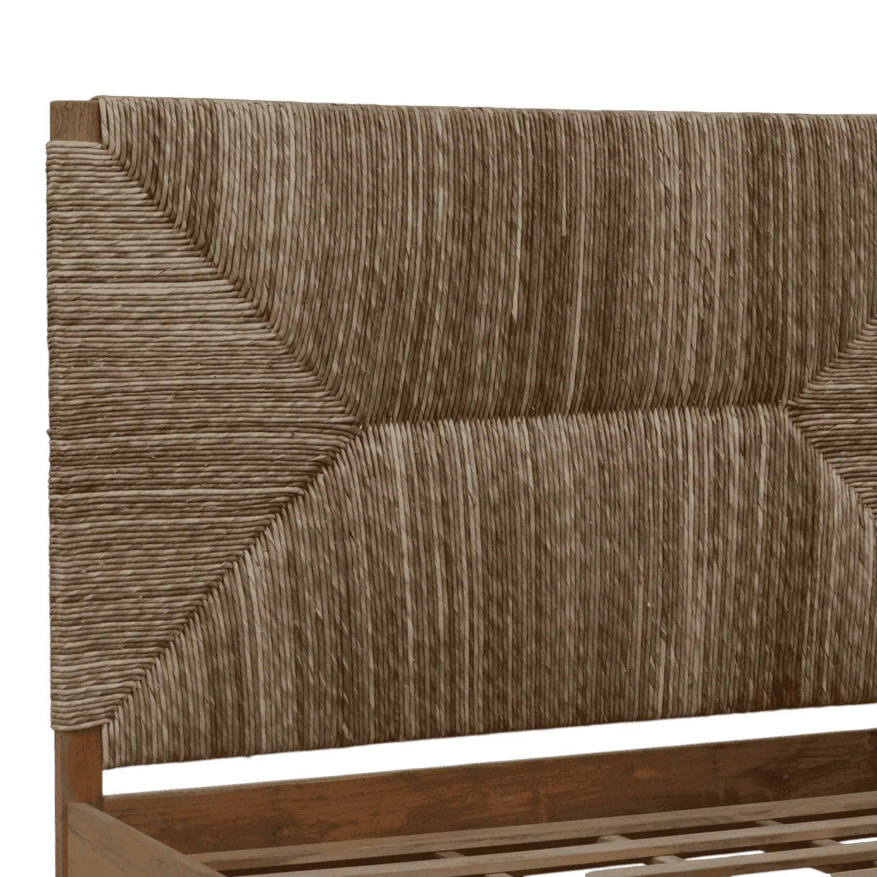 Textured woven wood headboard with geometric design