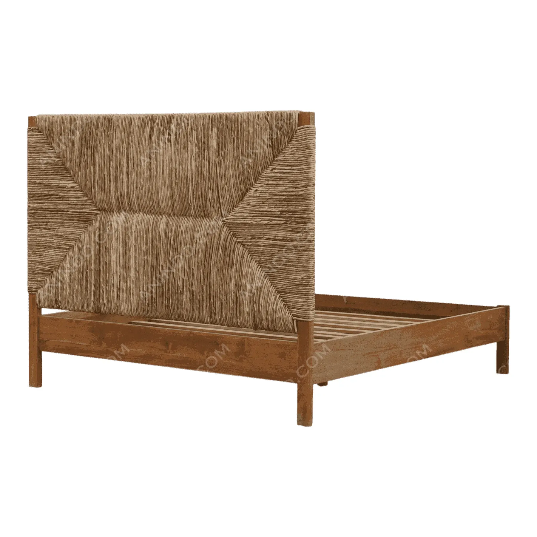 Wooden bed frame with woven headboard