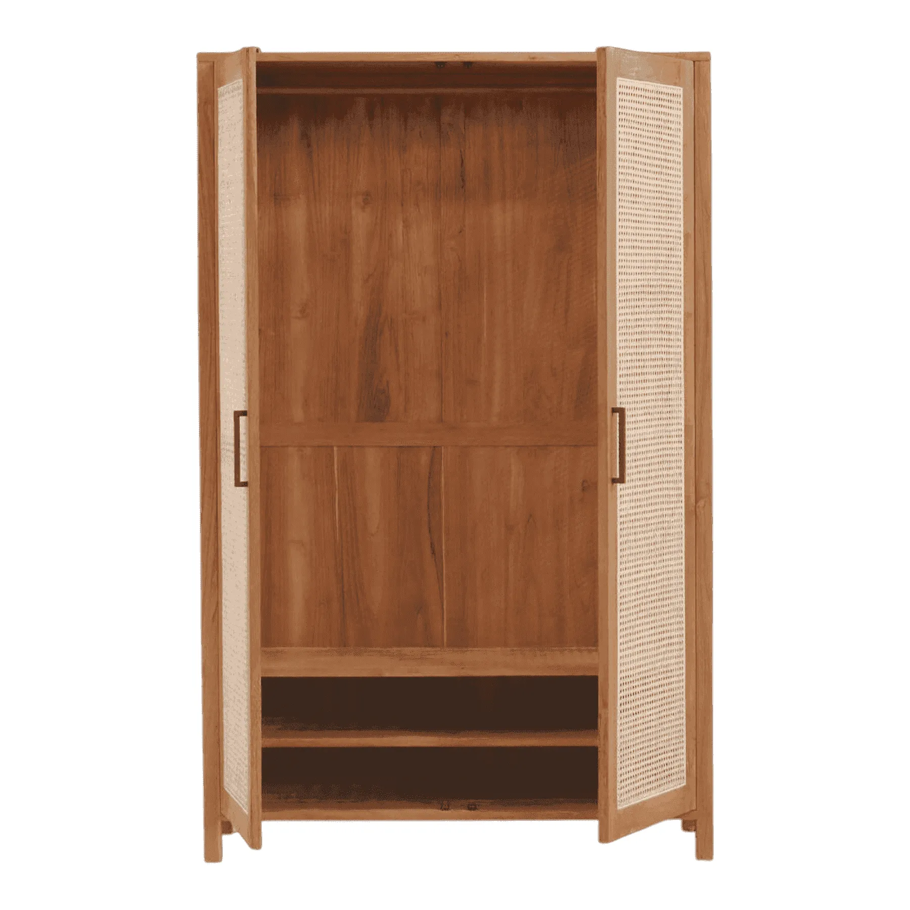 Wooden wardrobe with open rattan doors