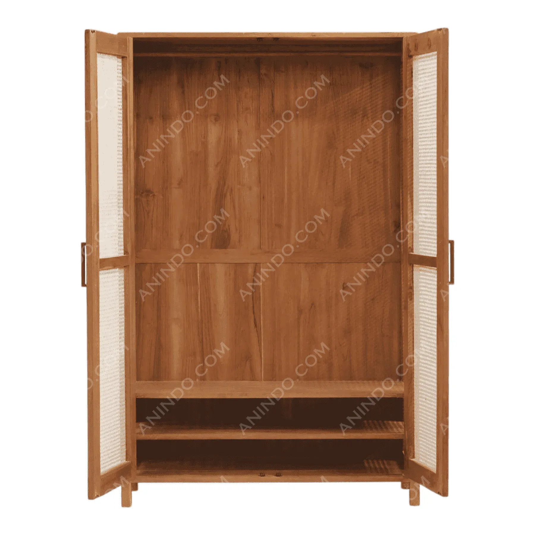 Open wooden wardrobe with shelves and rattan doors