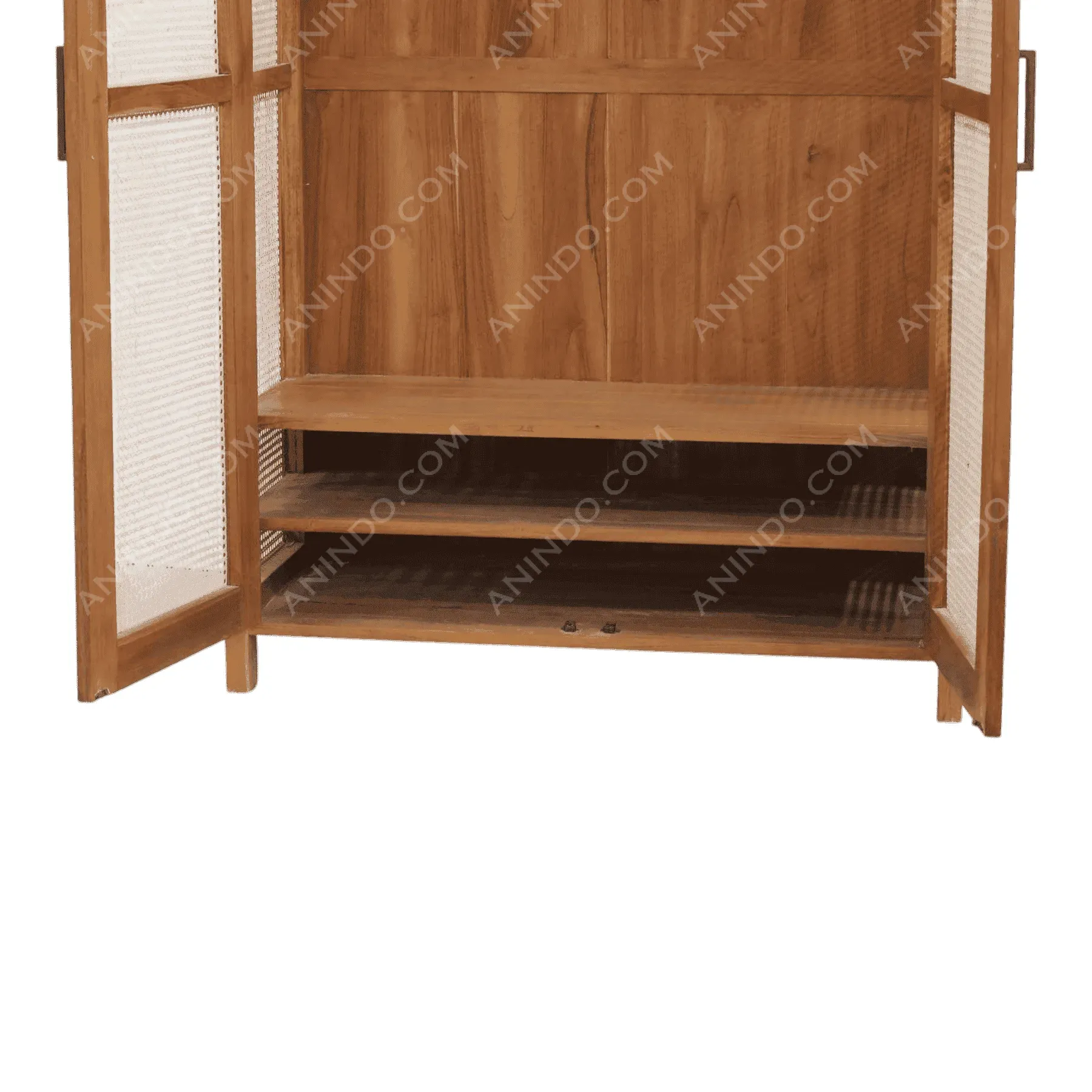 Wooden cabinet with open double doors and shelves