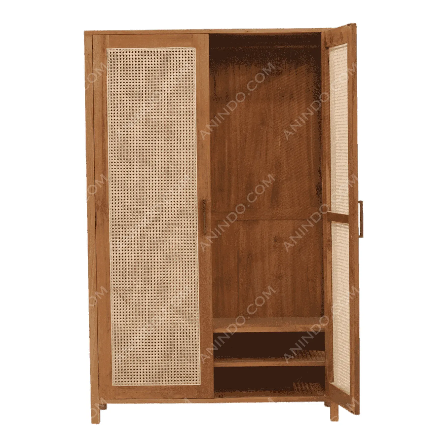 Wooden wardrobe with open rattan doors