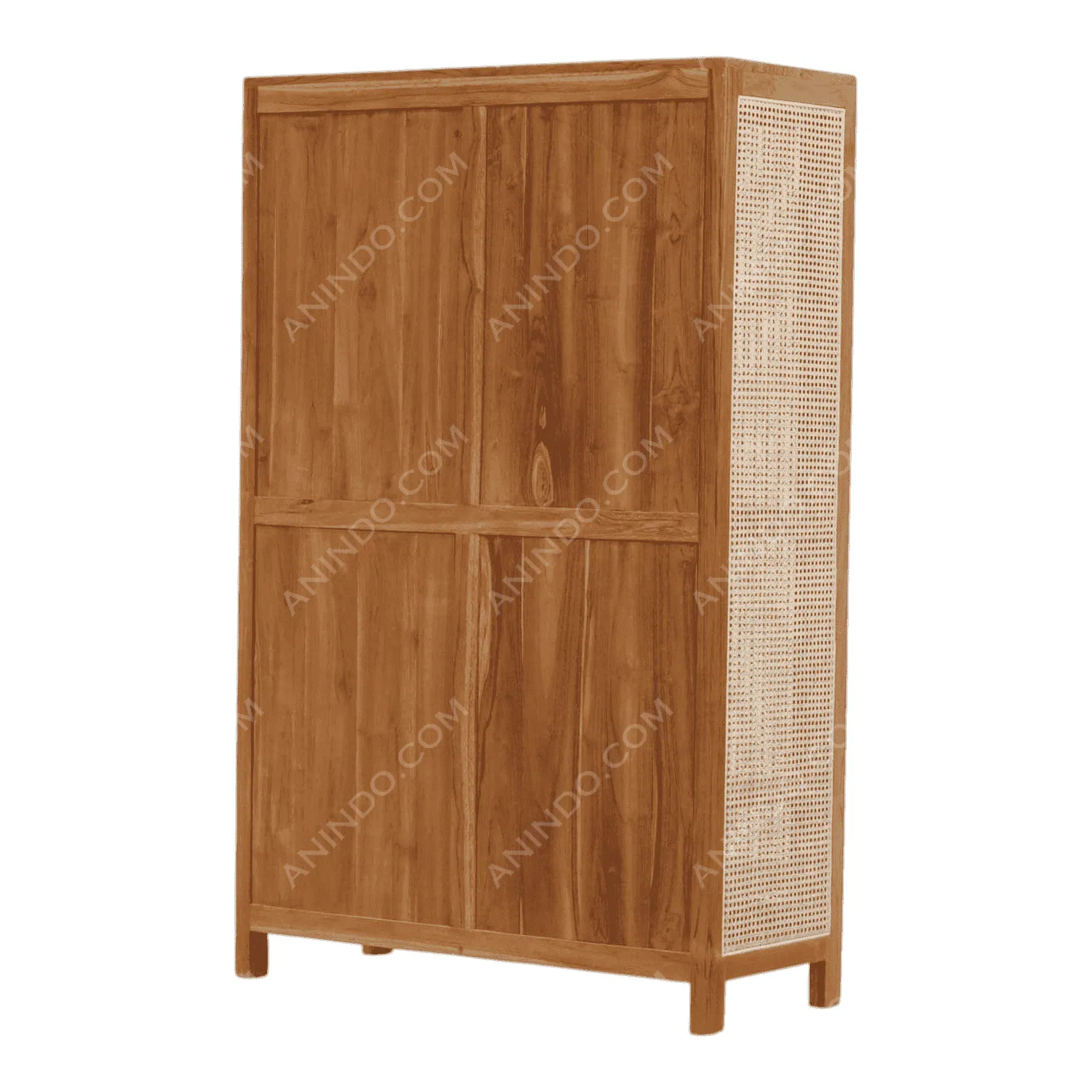 Tall wooden cabinet with woven rattan side panel
