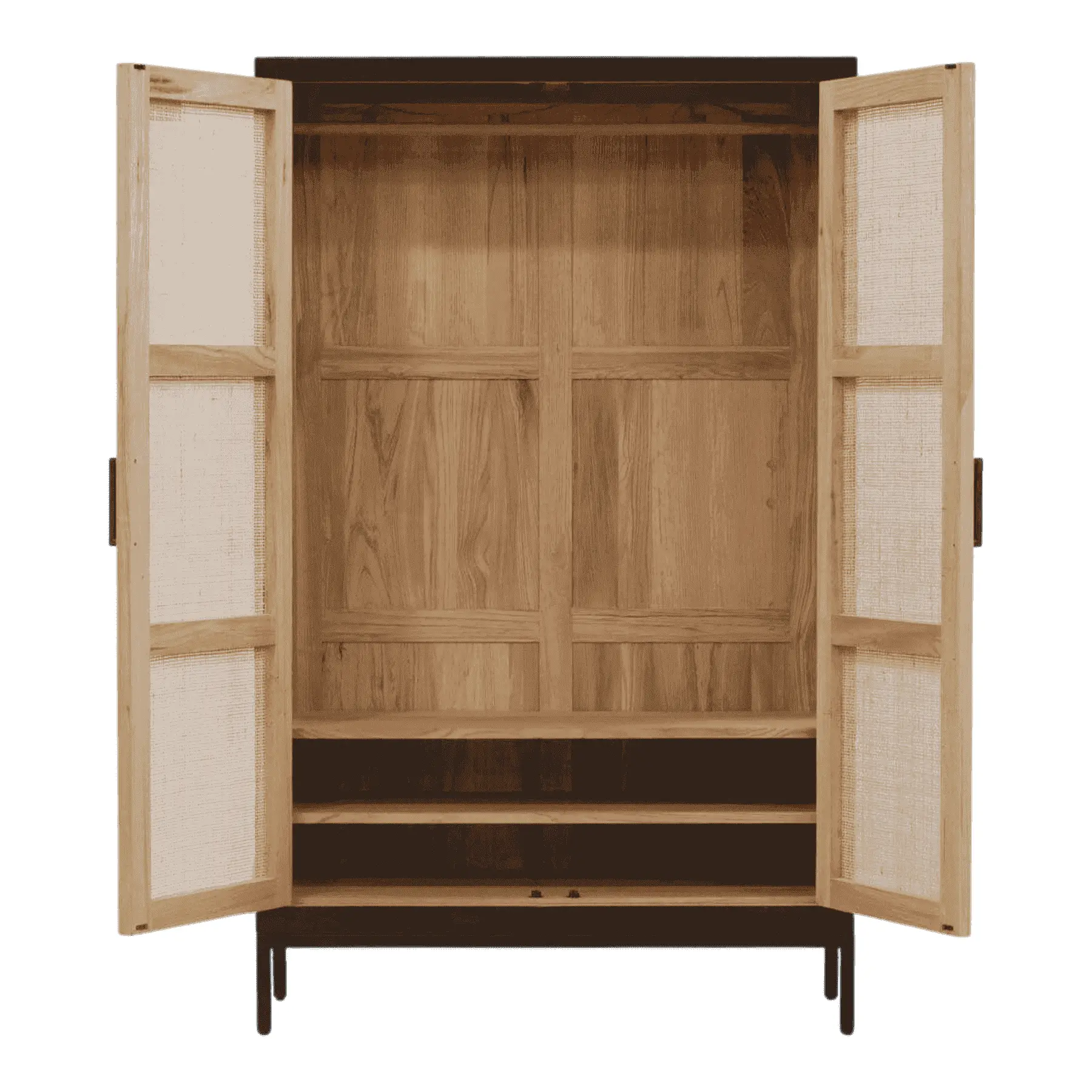 Open wooden wardrobe with shelves