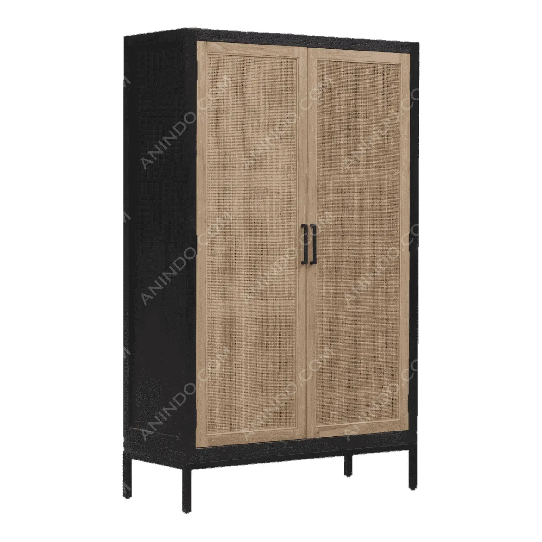 Modern black cabinet with woven rattan doors