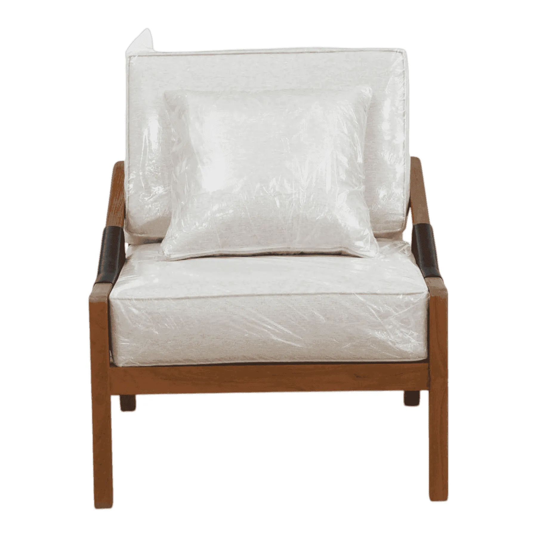 Modern wooden armchair with white cushions