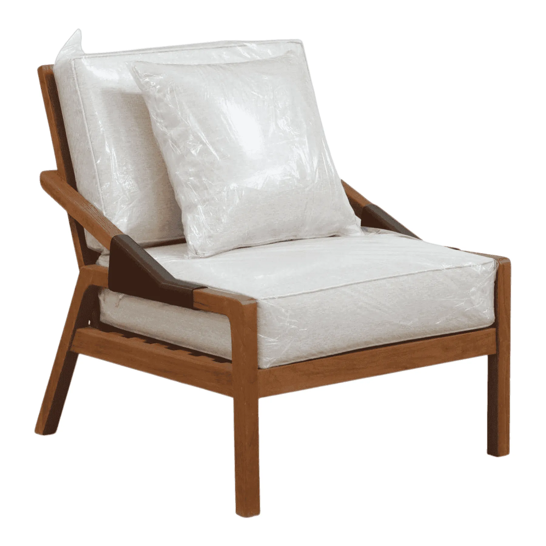 Modern wooden lounge chair with white cushions