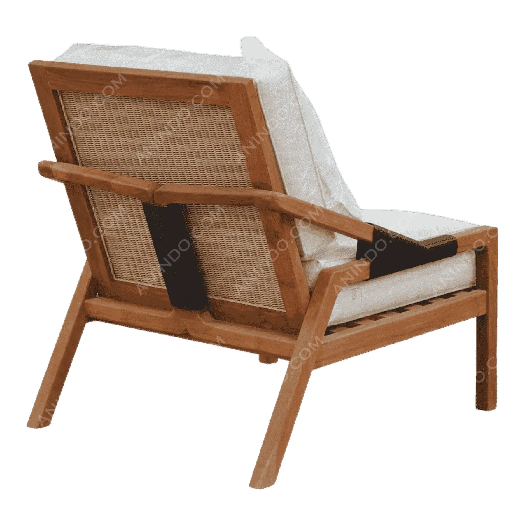 Modern wooden lounge chair with beige cushions