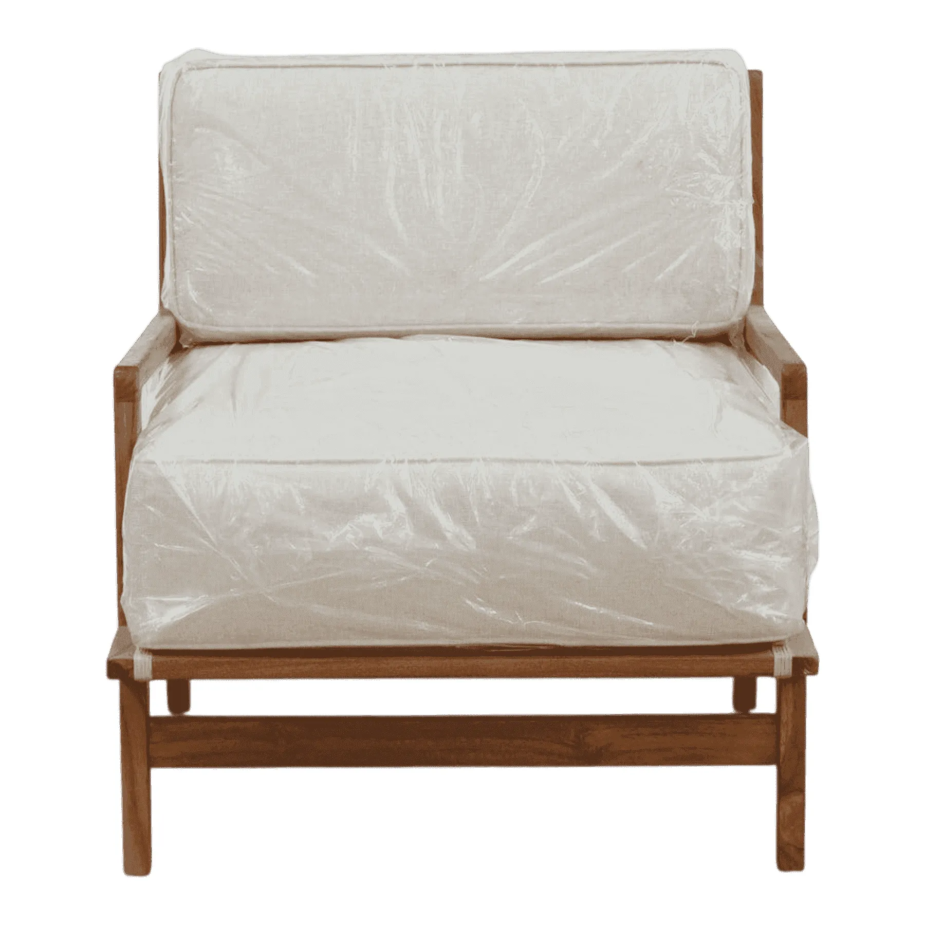 Beige cushioned wooden armchair front view