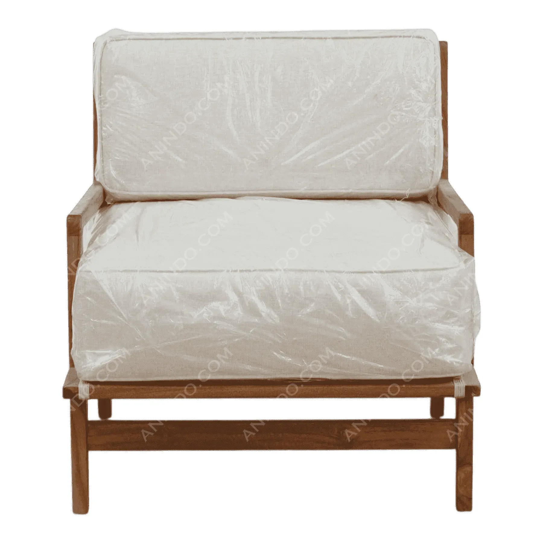 Beige cushioned wooden armchair front view