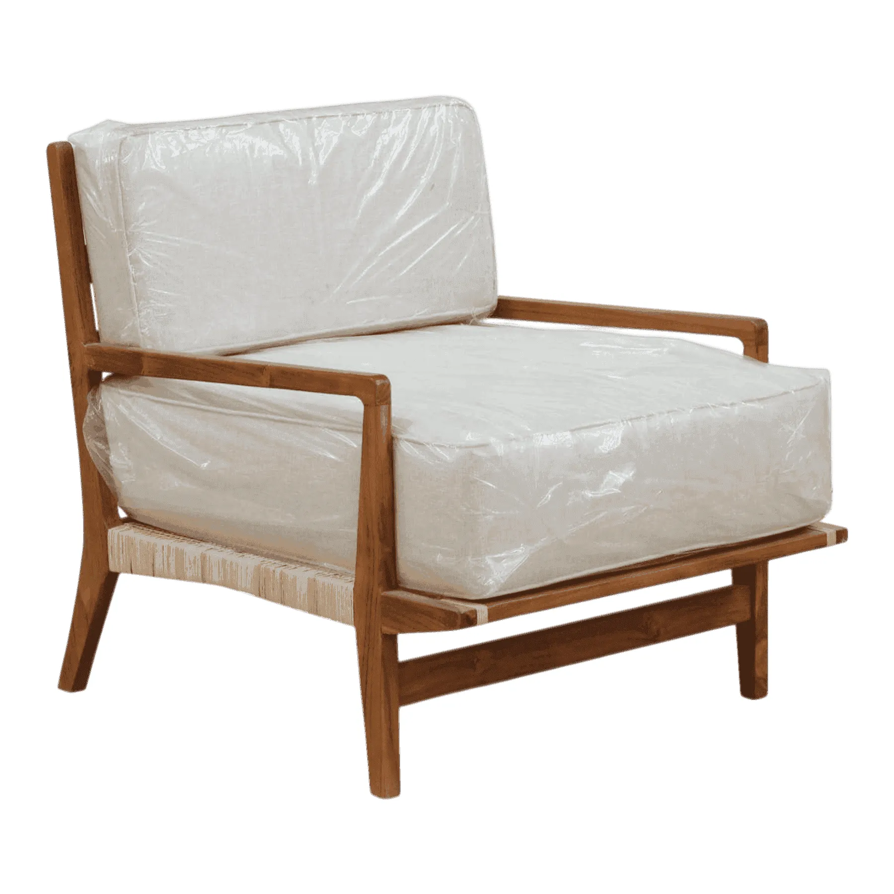 Modern wooden armchair with white cushions