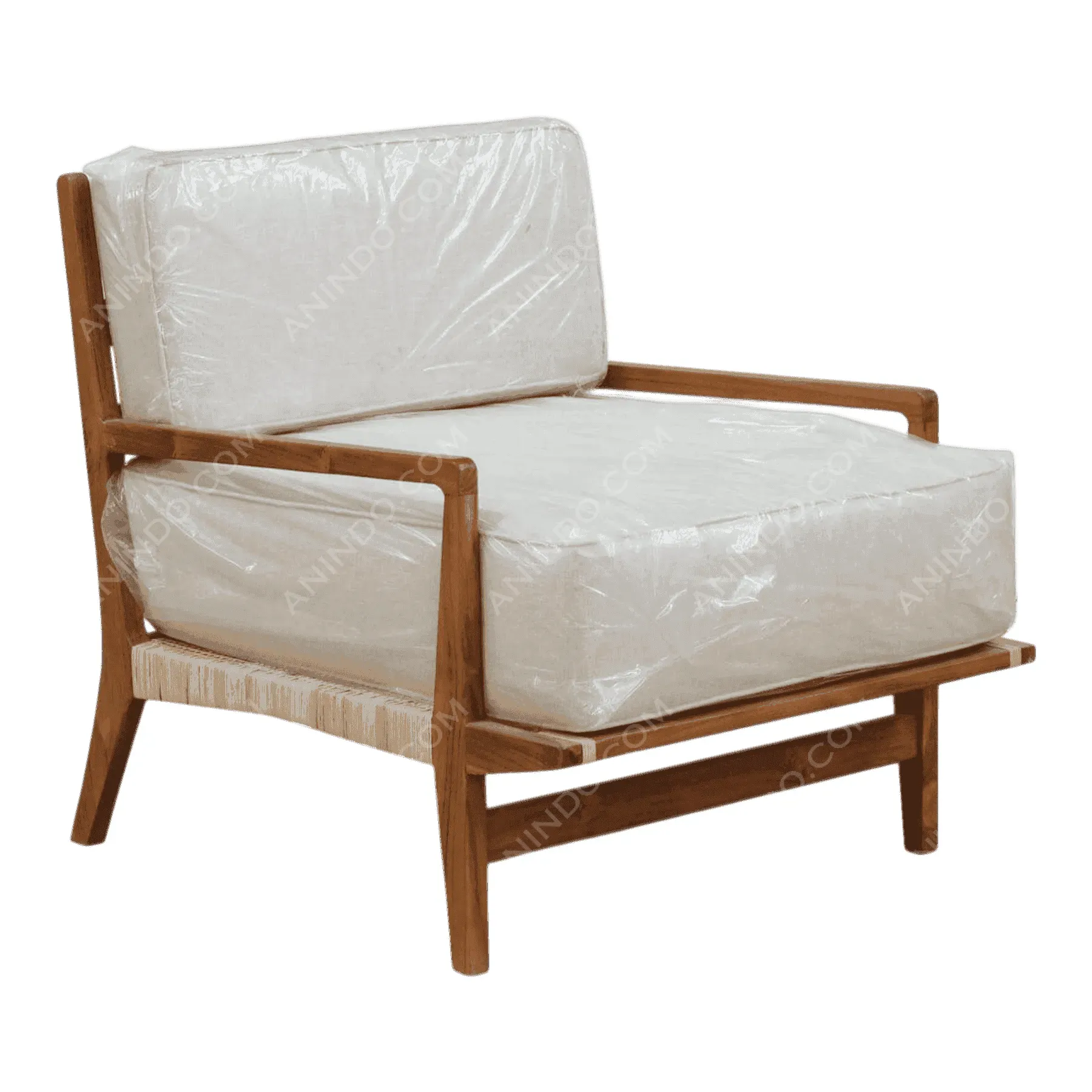 Modern wooden armchair with white cushions