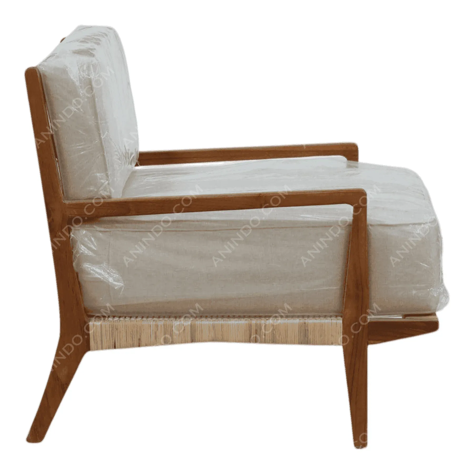 Modern wooden armchair with beige cushions