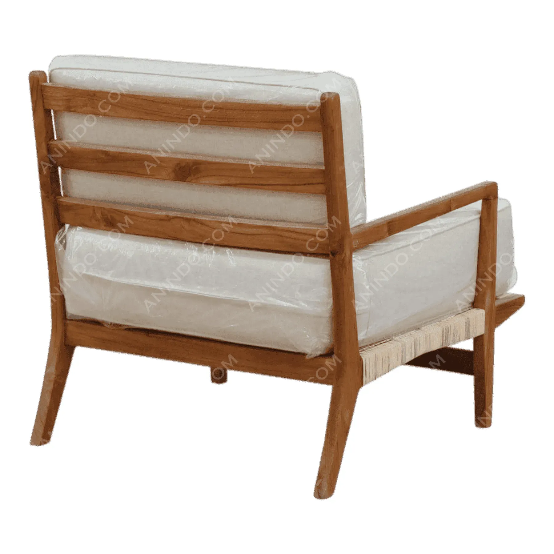 Wooden armchair with white cushions