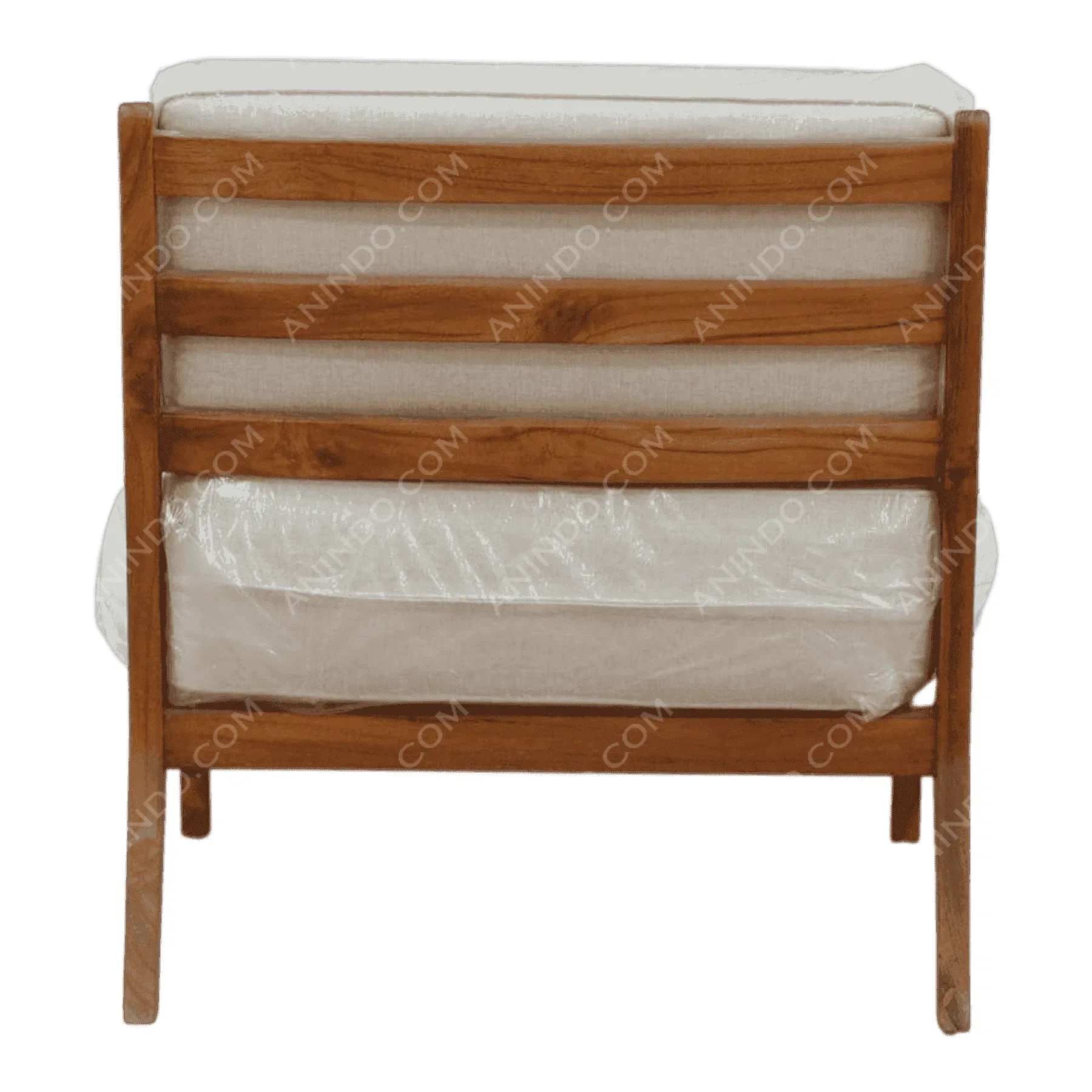 Wooden chair with beige cushions back view