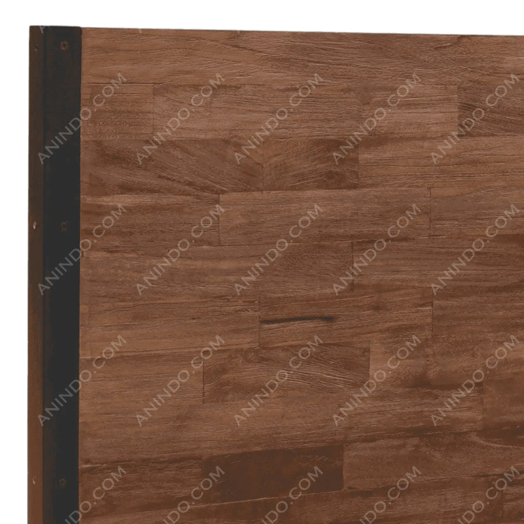 Wooden headboard with dark metal trim