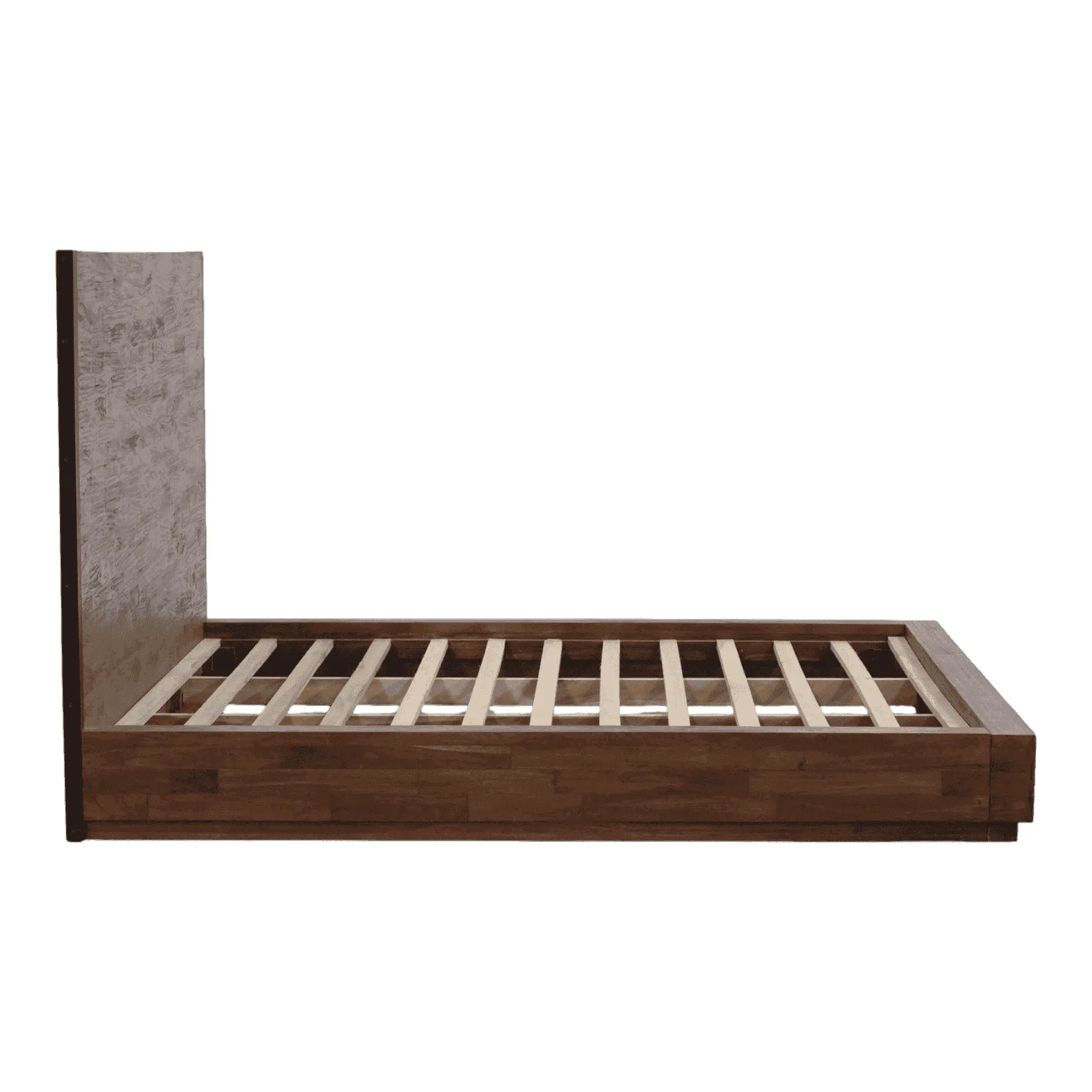 Wooden bed frame with tall headboard