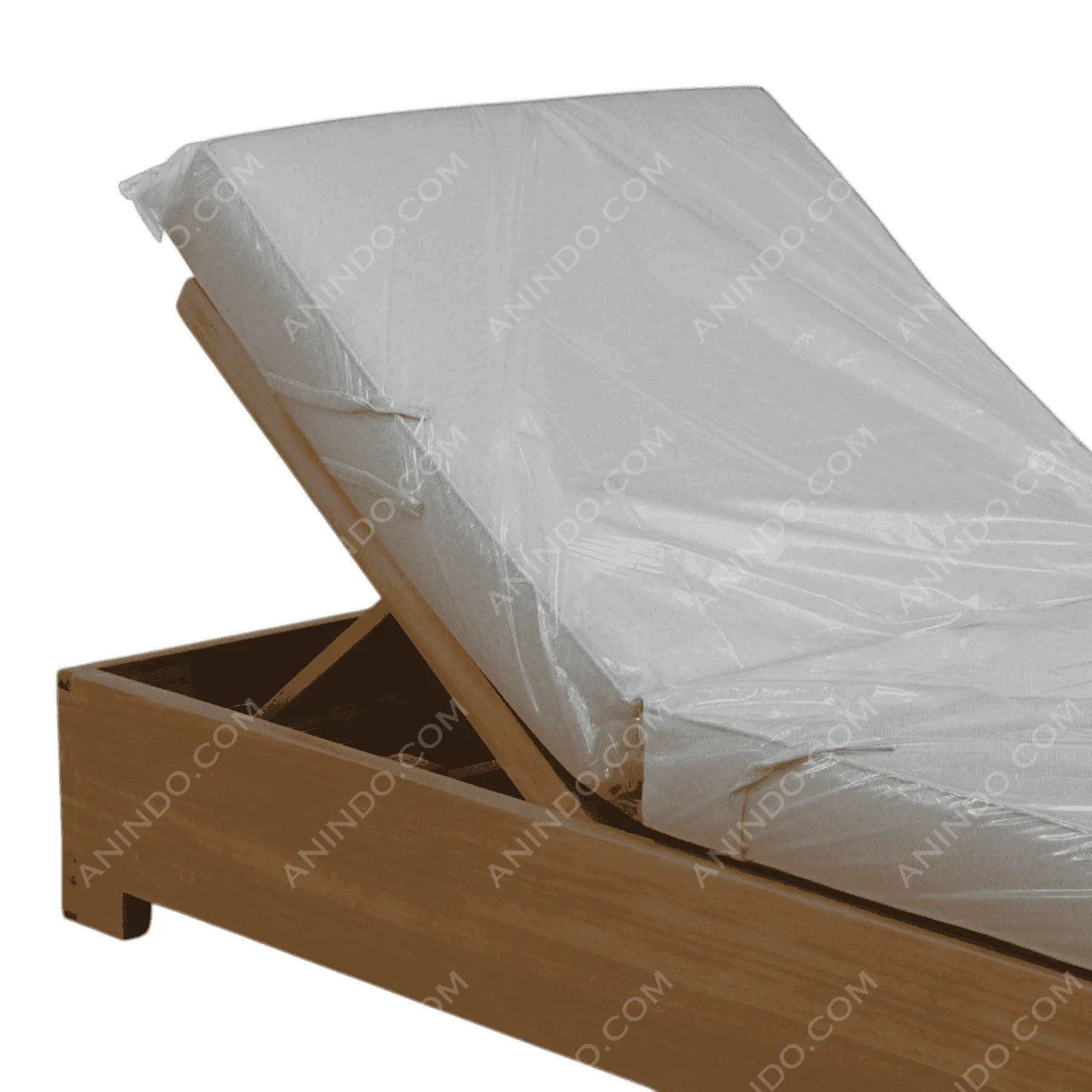 Adjustable wooden bed frame with plastic-covered mattress