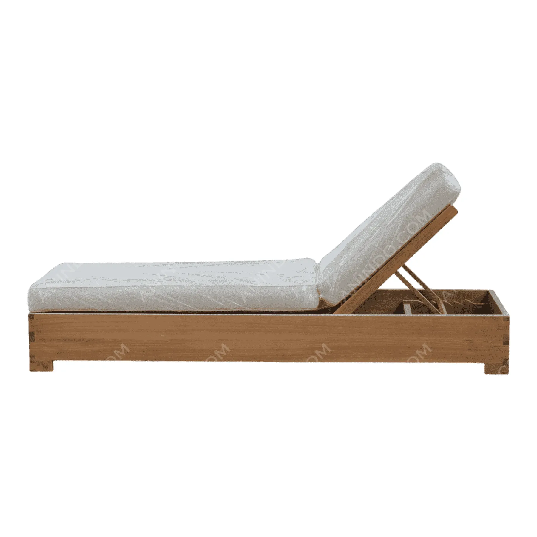 Wooden outdoor chaise lounge with white cushion