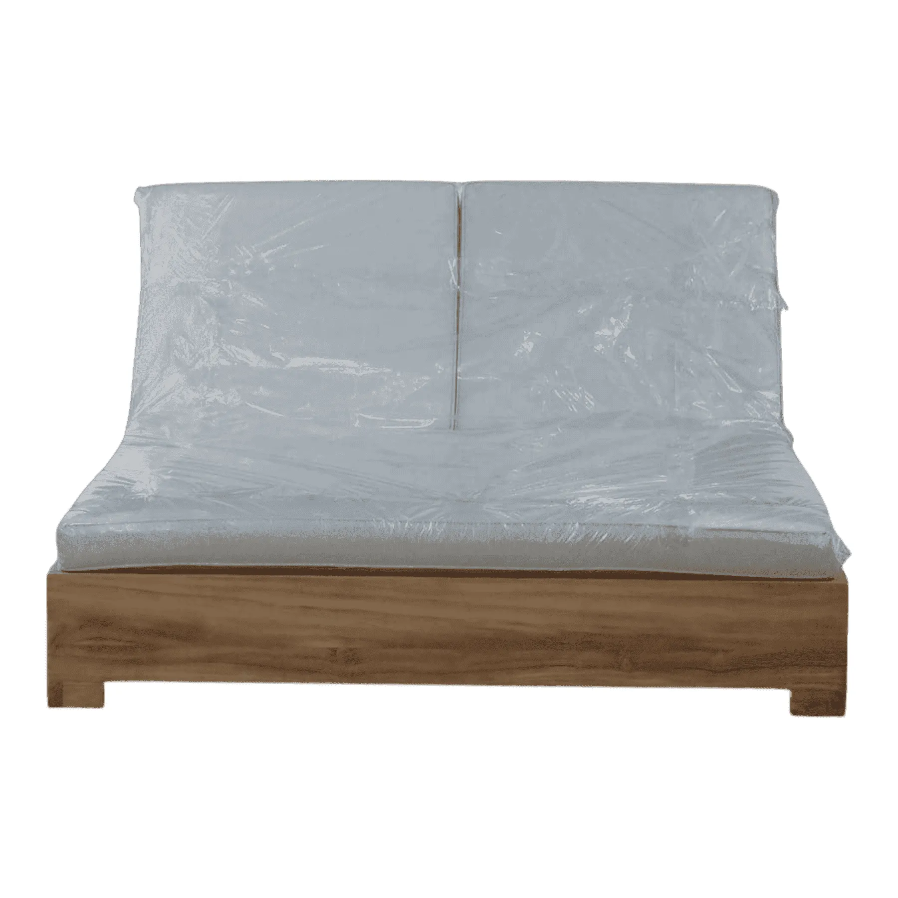 Modern wooden bed frame with white mattress