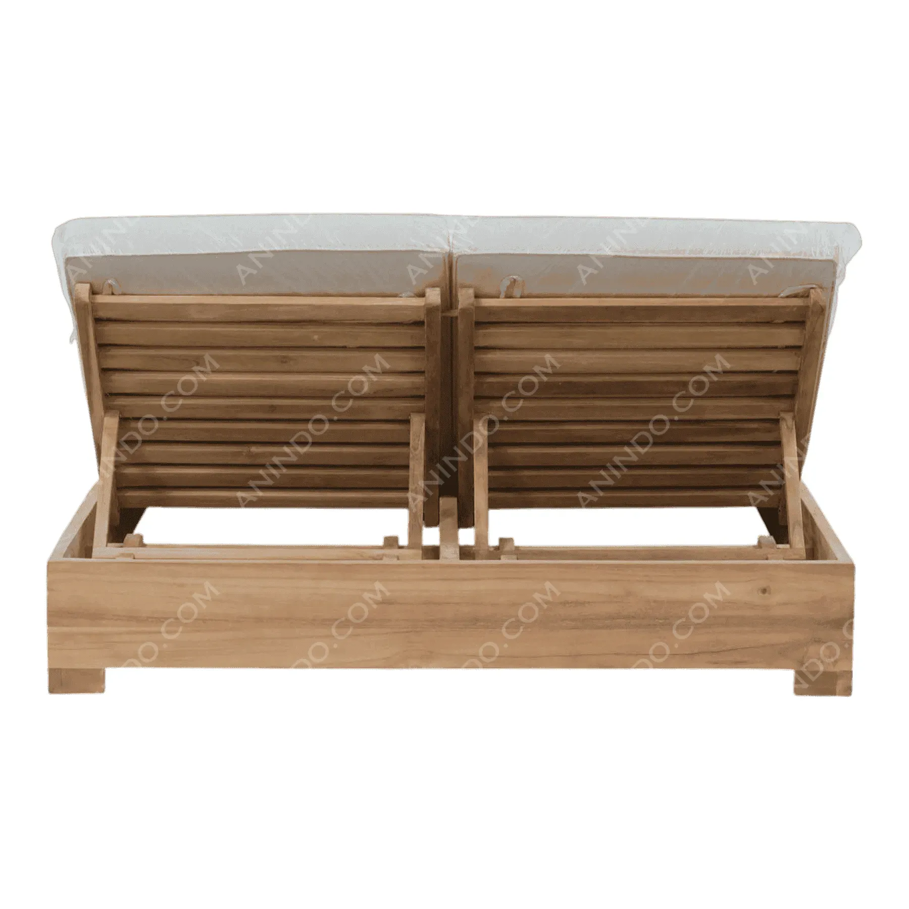 Wooden outdoor double lounger with white cushions