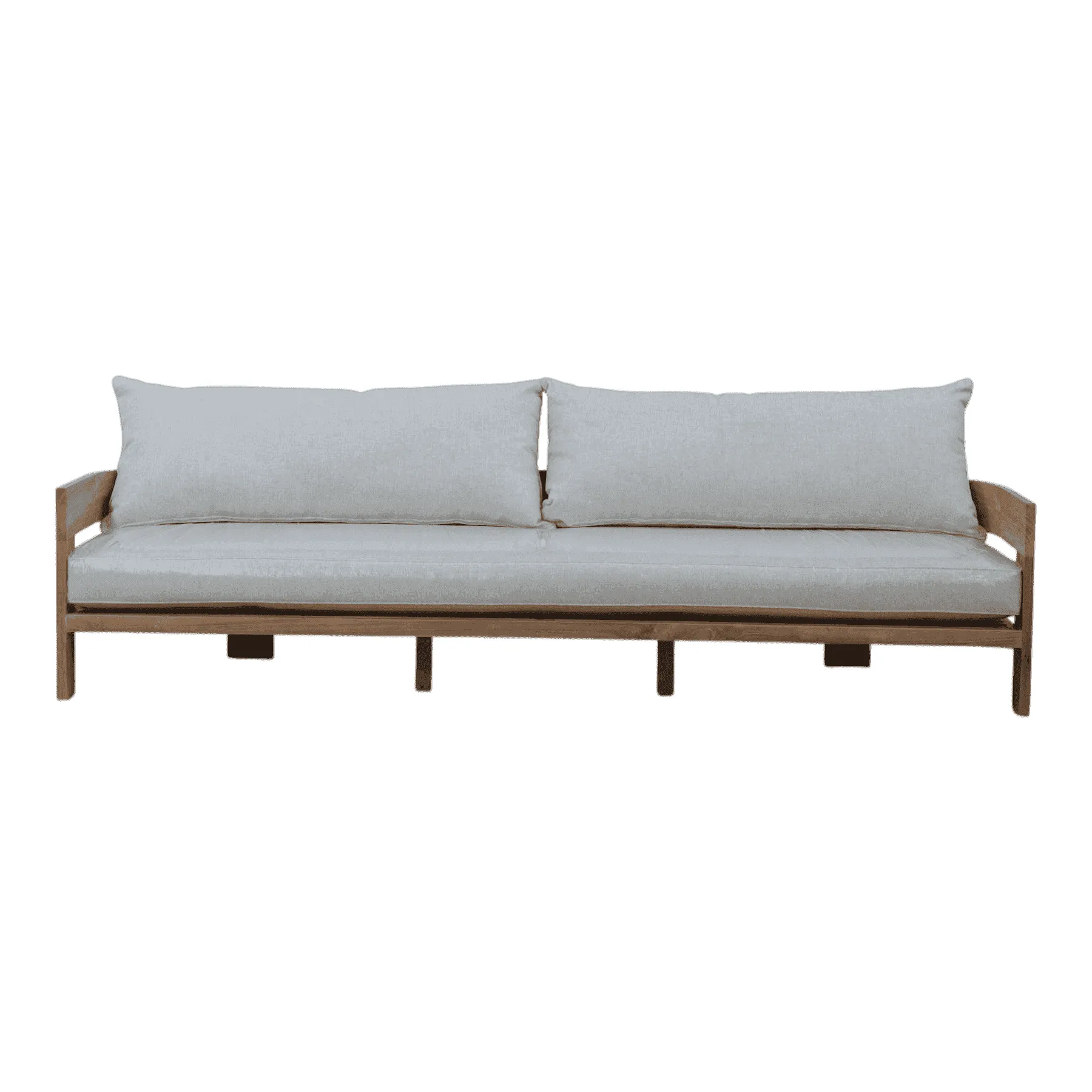Modern wooden sofa with gray cushions