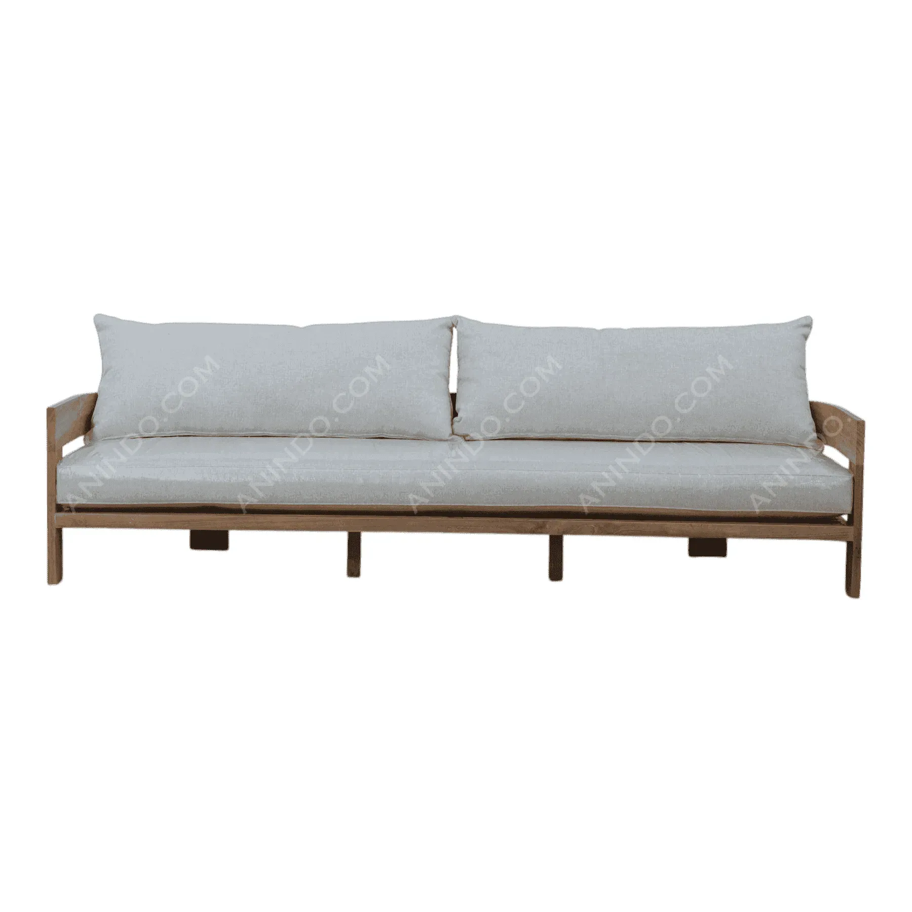 Modern wooden sofa with gray cushions