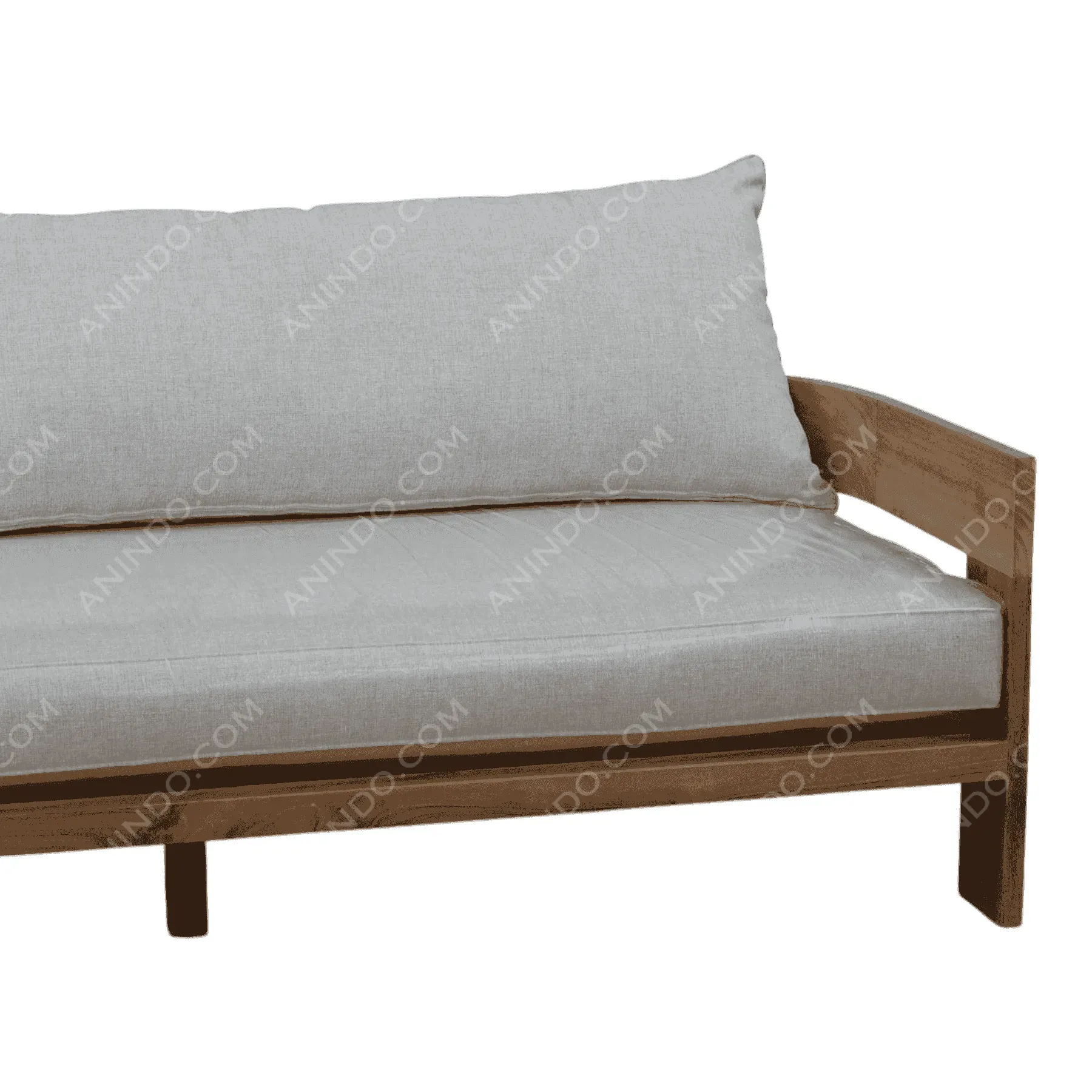 Modern wooden sofa with light gray cushions