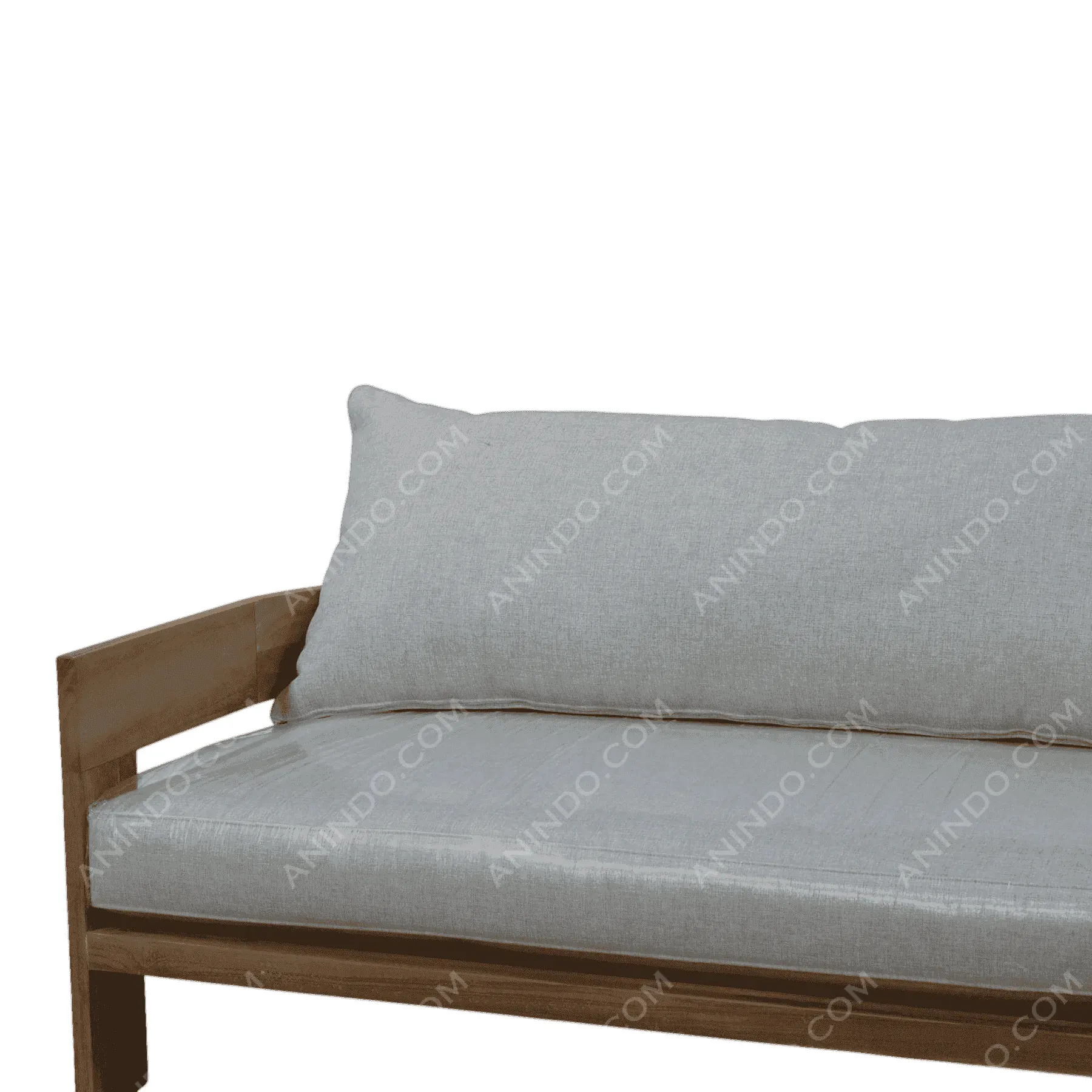 Wooden sofa with light gray cushions